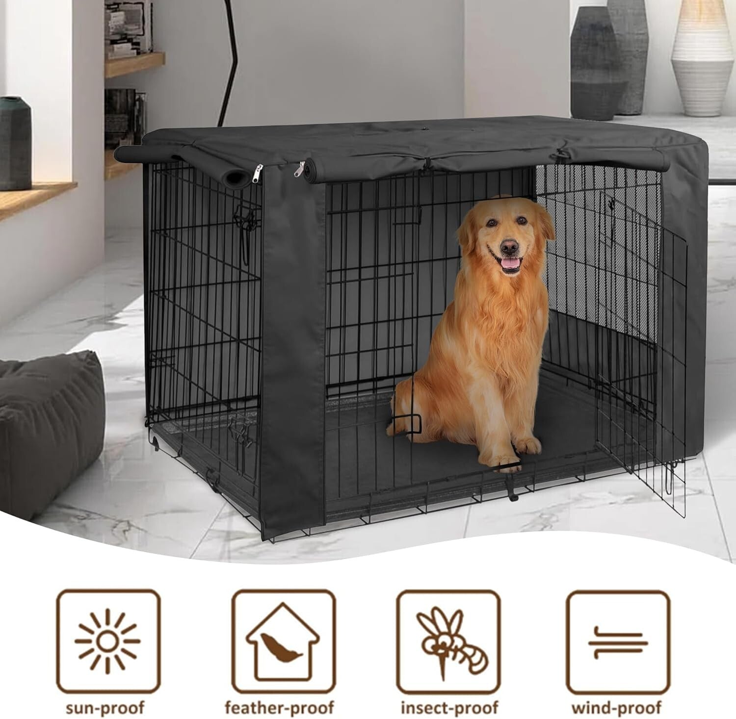 Heavy-Duty Dog Crate Cover for 42-Inch Wire Crates - Black Polyester Style