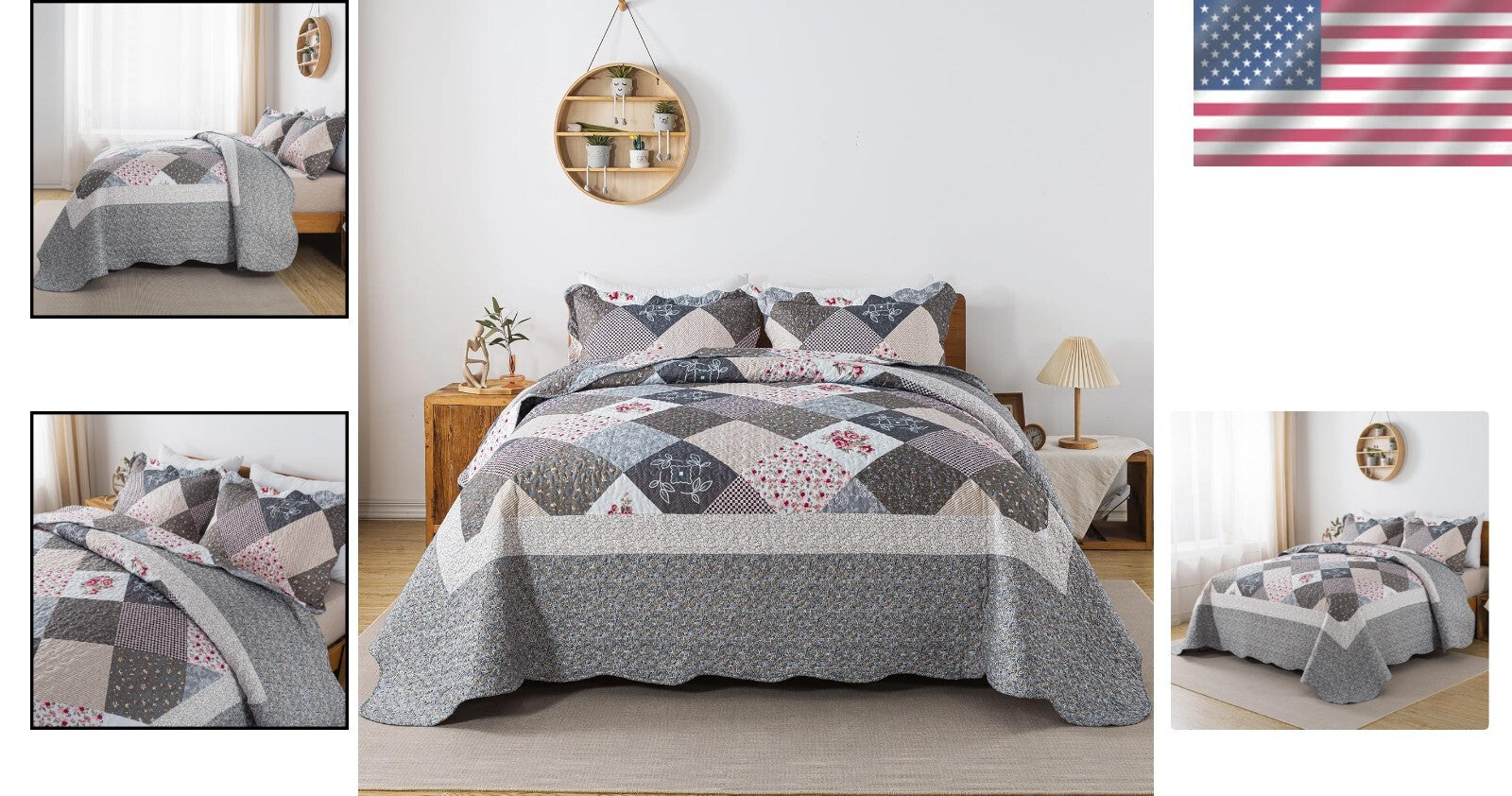 All-Season Grey King Quilt Set - Lightweight Floral Bedspread with Pillow Cases