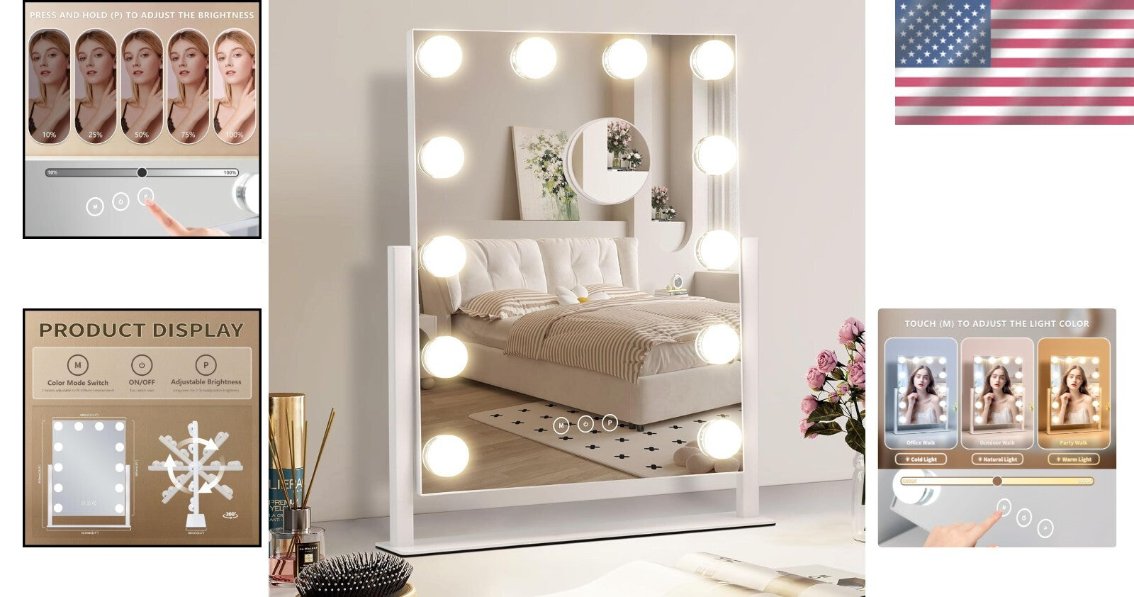 Dimmable Makeup Mirror with 3 Color Settings & 10X Detachable Magnification