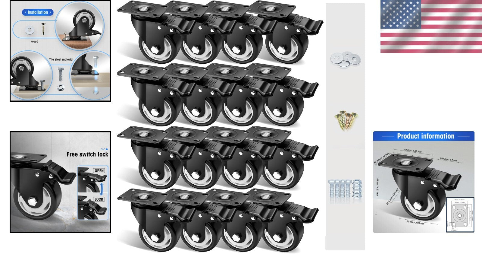 3-Inch Swivel Casters with Double Brake - Premium Set of 16 for Heavy Loads