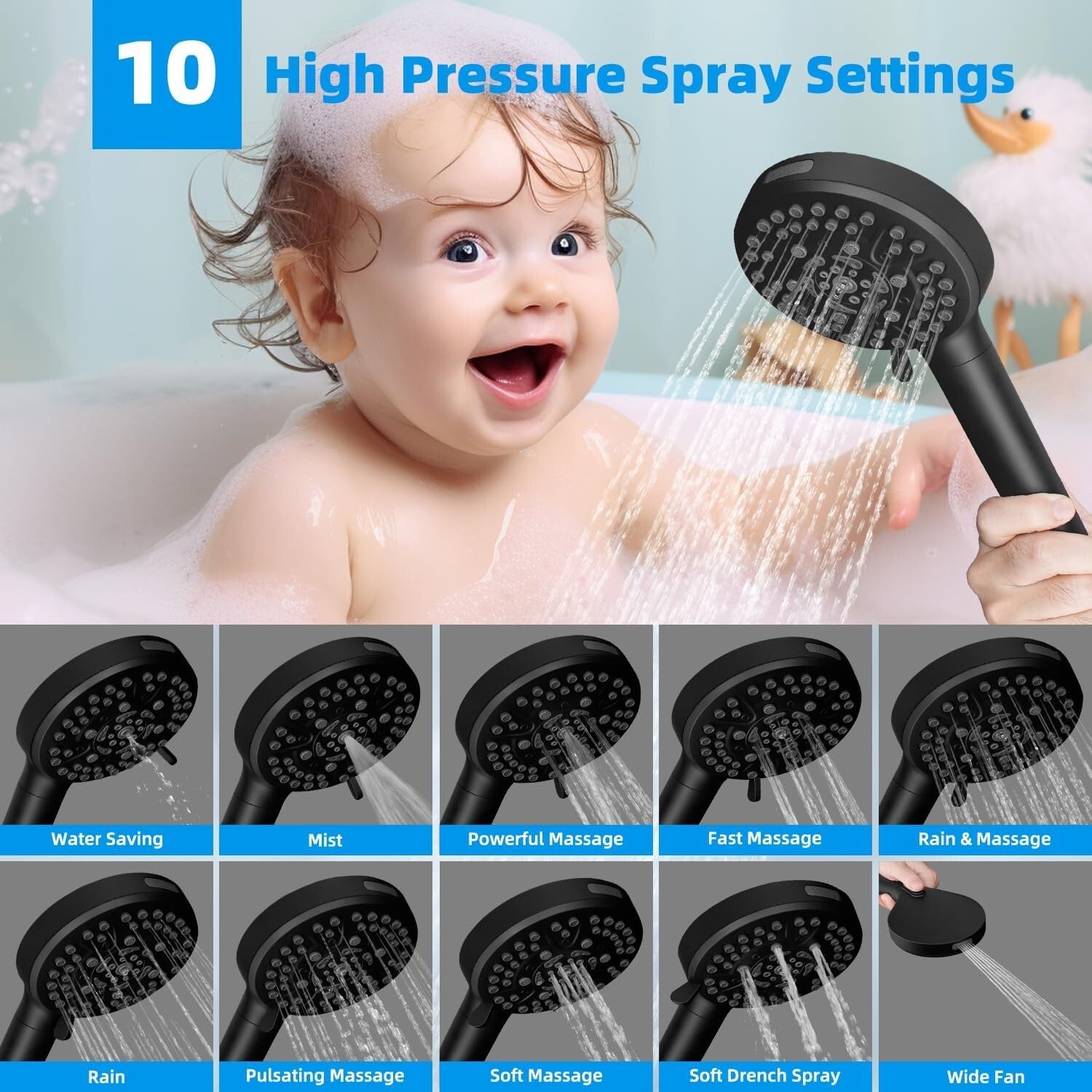 High Pressure 10-Spray Matte Black Shower Head with Adjustable Extension Arm