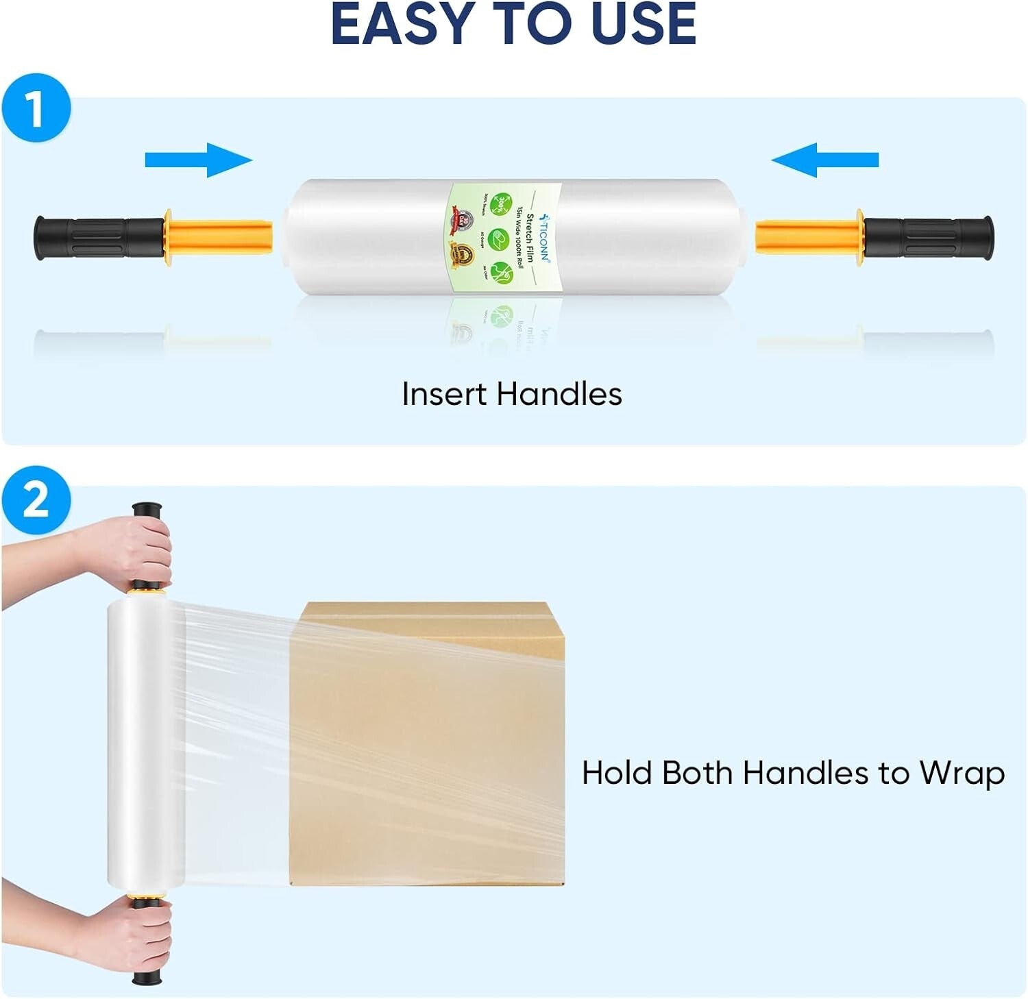 Clear Plastic Stretch Film Roll with Handles - 15" Wide, 1000ft for Safe Moving