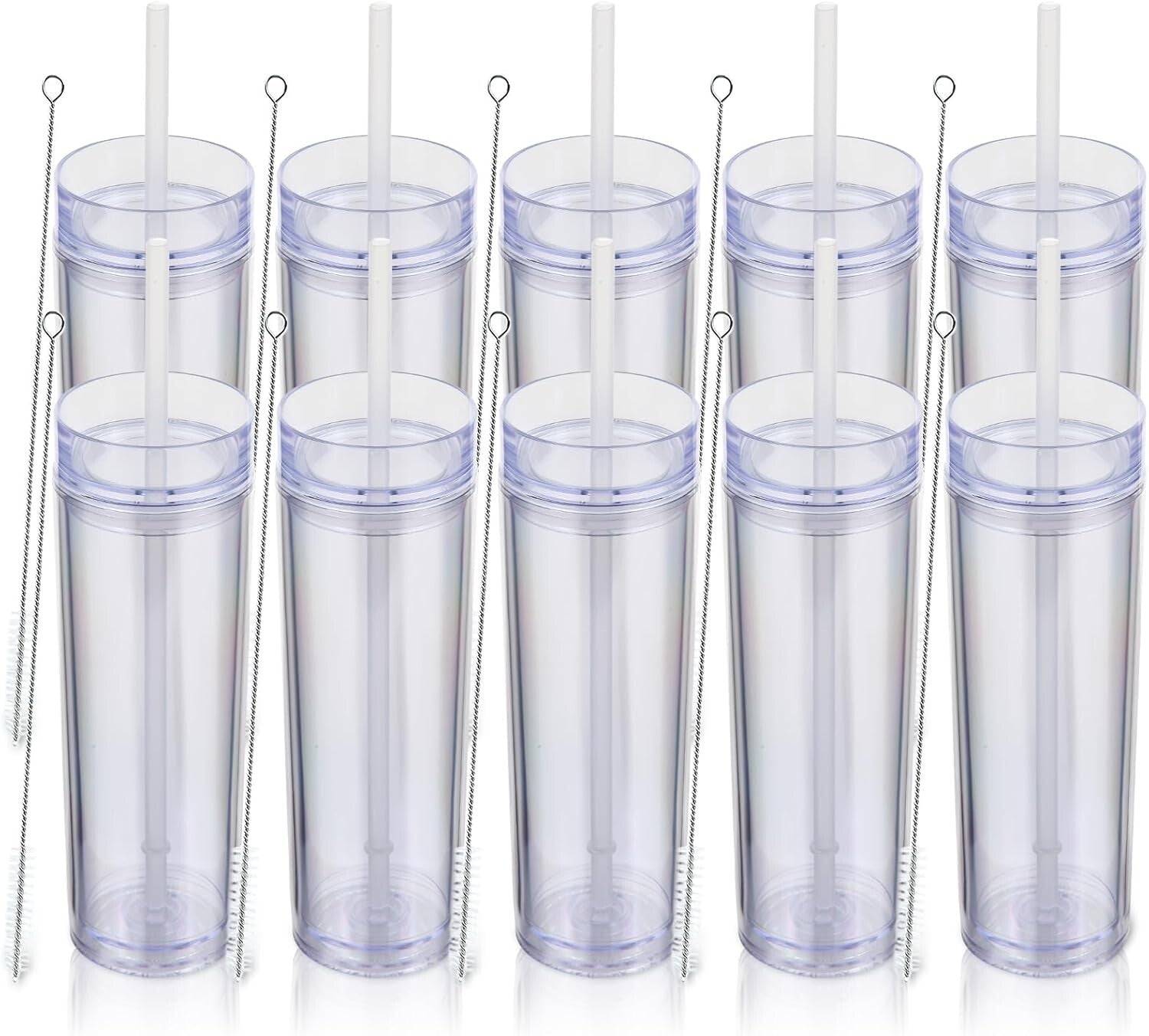 Bulk 10 Pack of Insulated 16oz Acrylic Tumblers with Straw & Lid - Clear Design