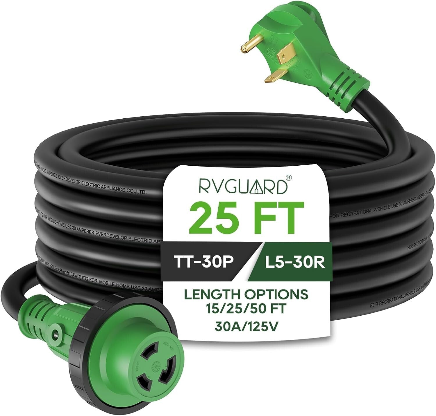 30 Amp 25ft Heavy Duty RV Power Extension Cord with LED Indicator & Organizer