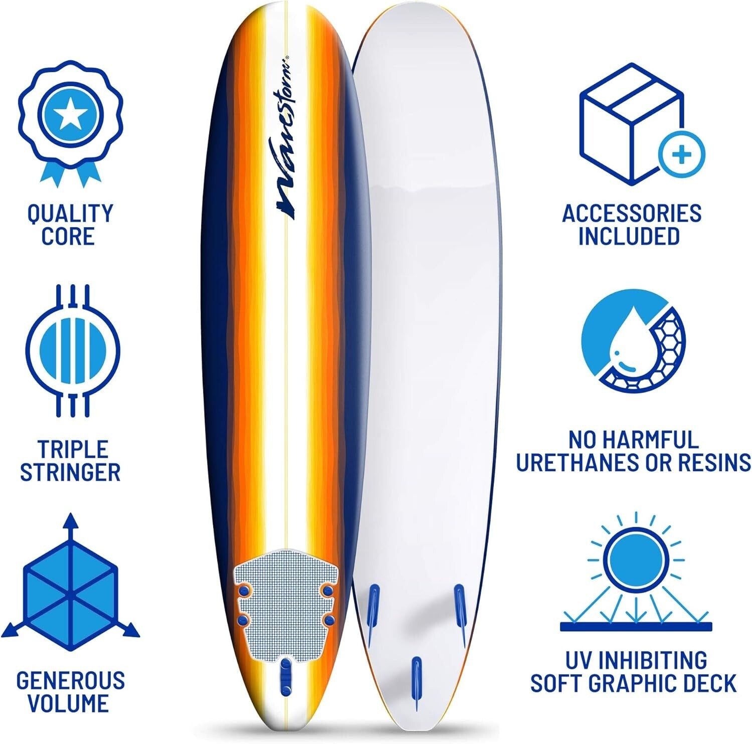8ft Classic Longboard Surfboard for Beginners - Soft Foam & Stylish Org Burst