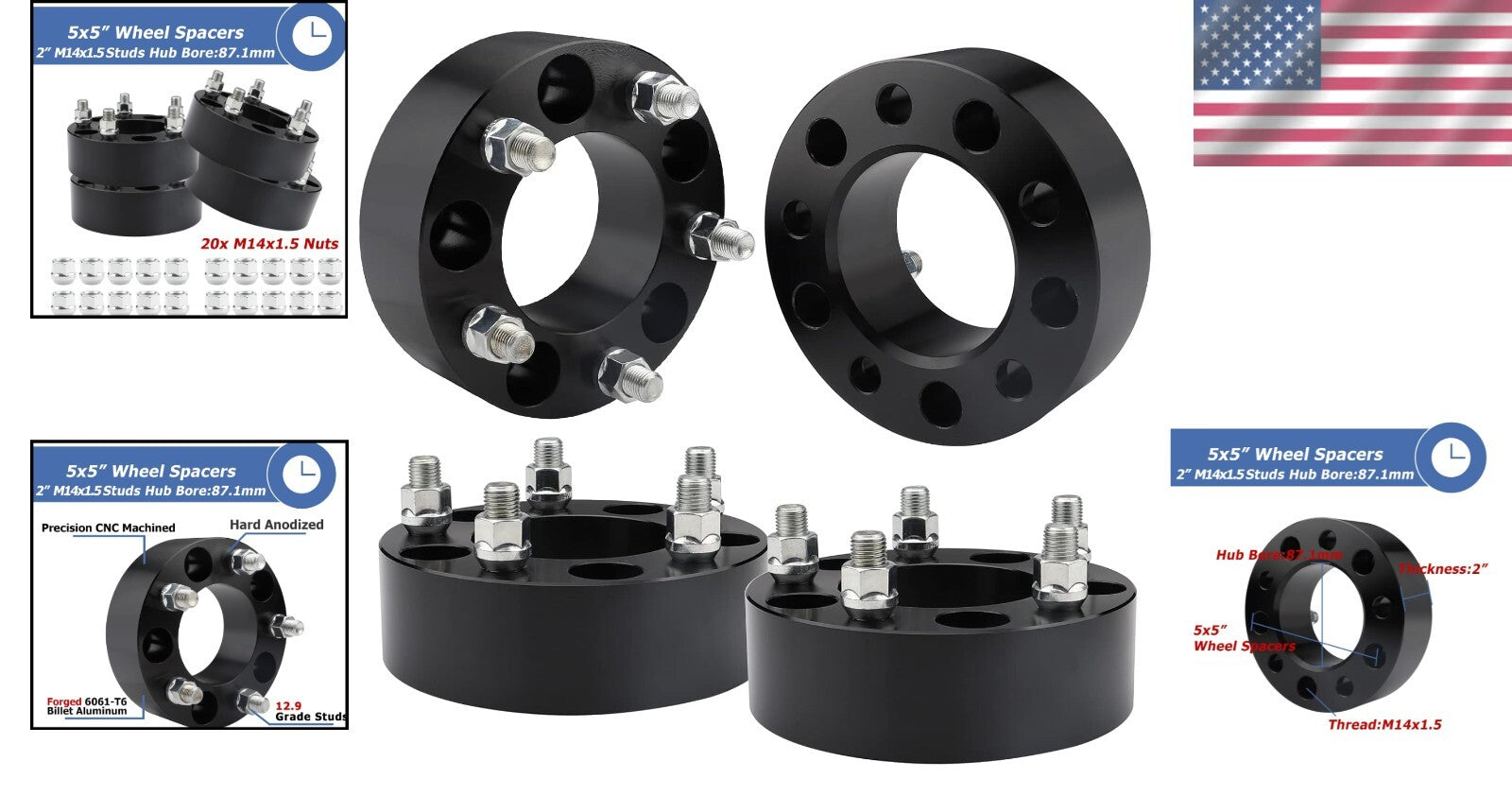CNC Machined Black 2 Inch Wheel Spacers with Forged 6061-T6 Aluminum - Set of 4