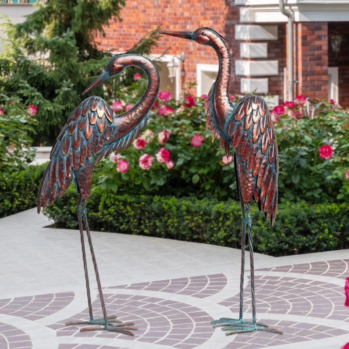 Freestanding Patina Metal Crane Statues - Majestic Garden Decor for All Seasons