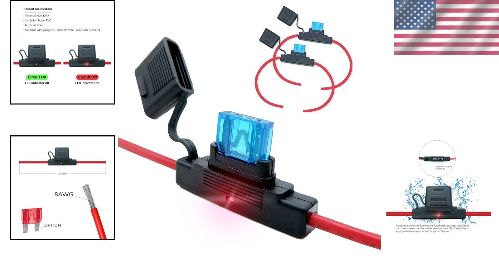 12V Waterproof In-Line Maxi Blade Fuse Holder with LED Indicator - Set of 2