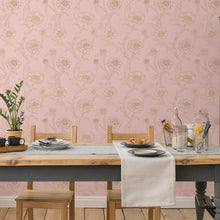 Load image into Gallery viewer, Moisture-Resistant Floral Peel &amp; Stick Wallpaper in Pink and Gold - 20.5" x 198"