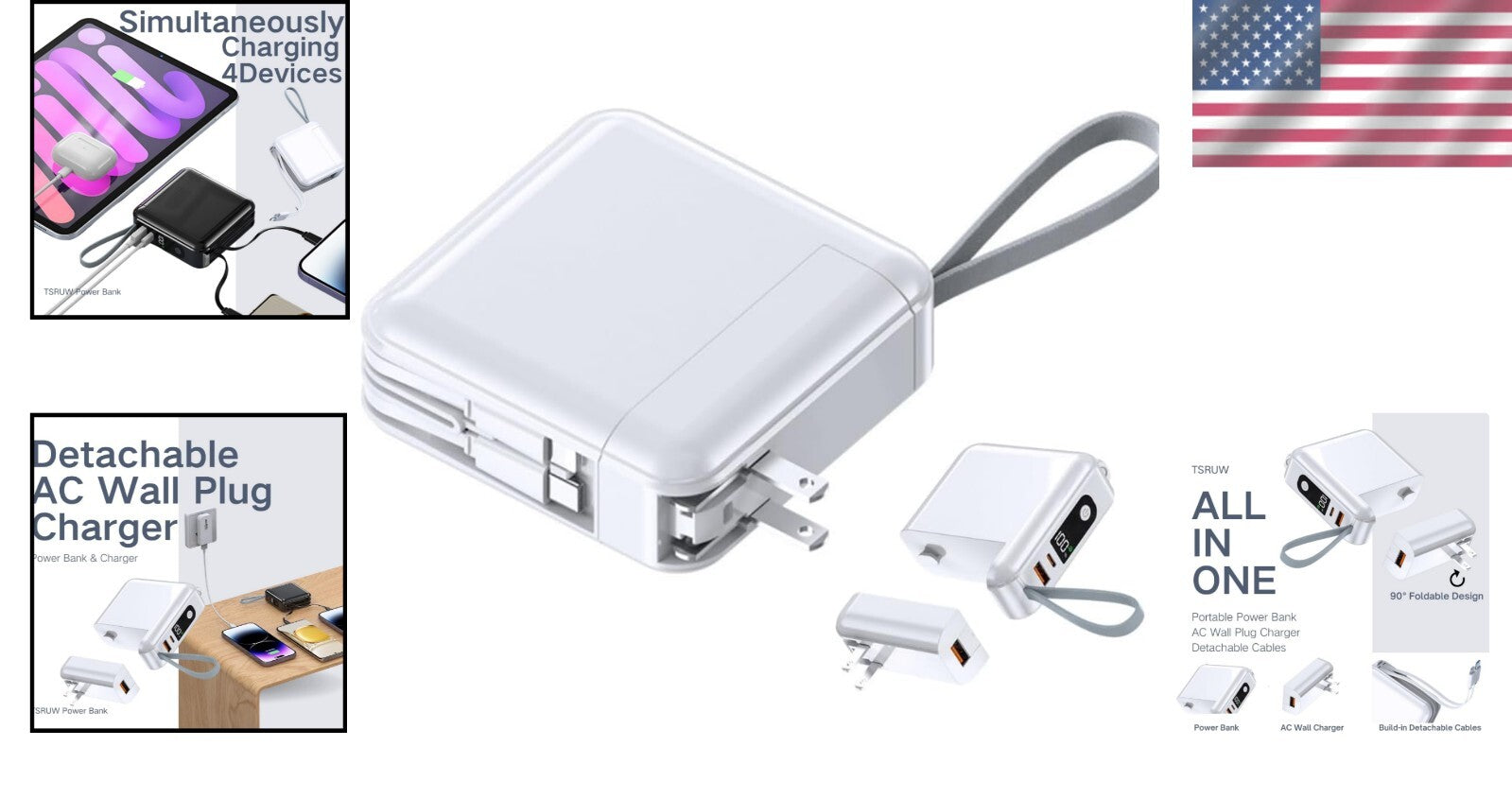 4-in-1 LED Display Power Bank with Built-in Cables - Lightweight & Travel Ready