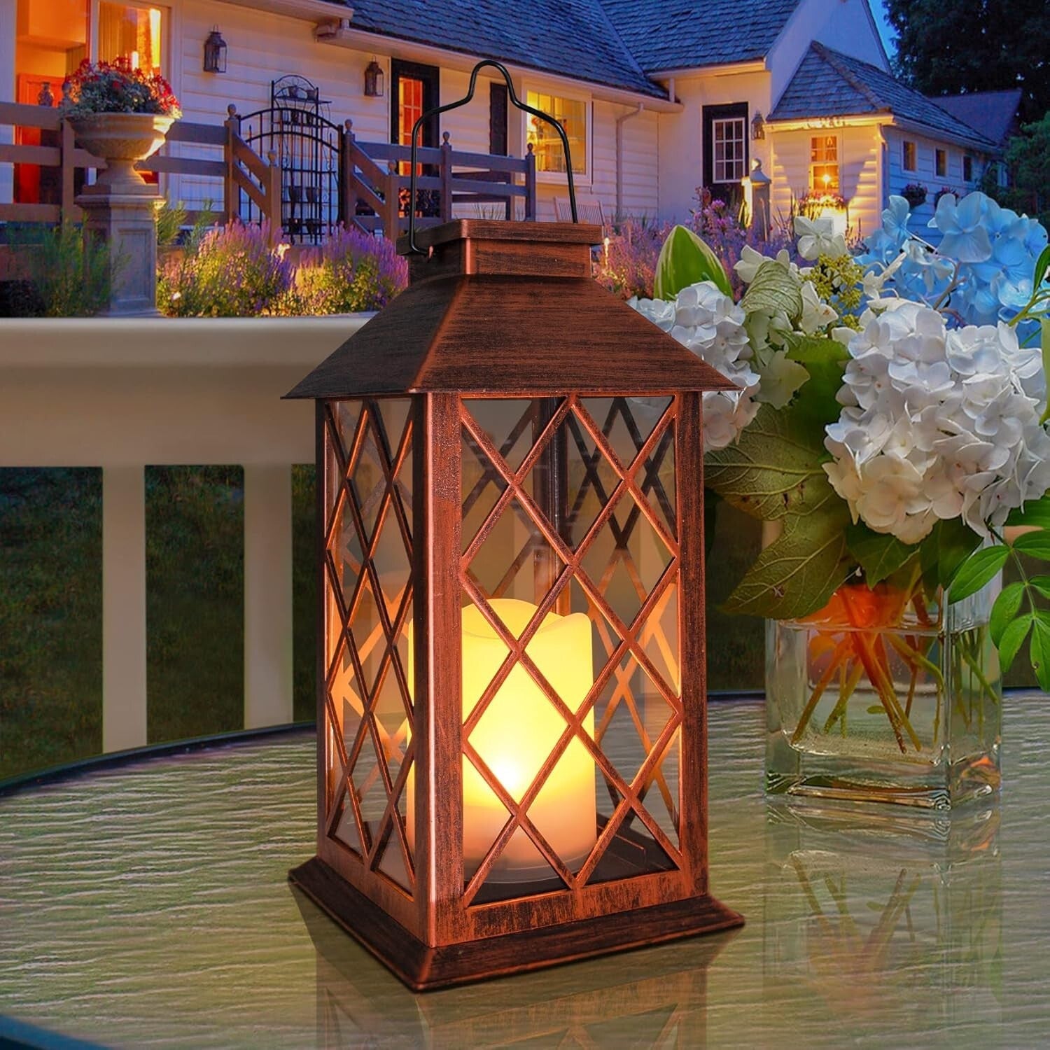 2 Pack 14" Solar Lanterns - Waterproof LED Flameless Candle in Antique Copper