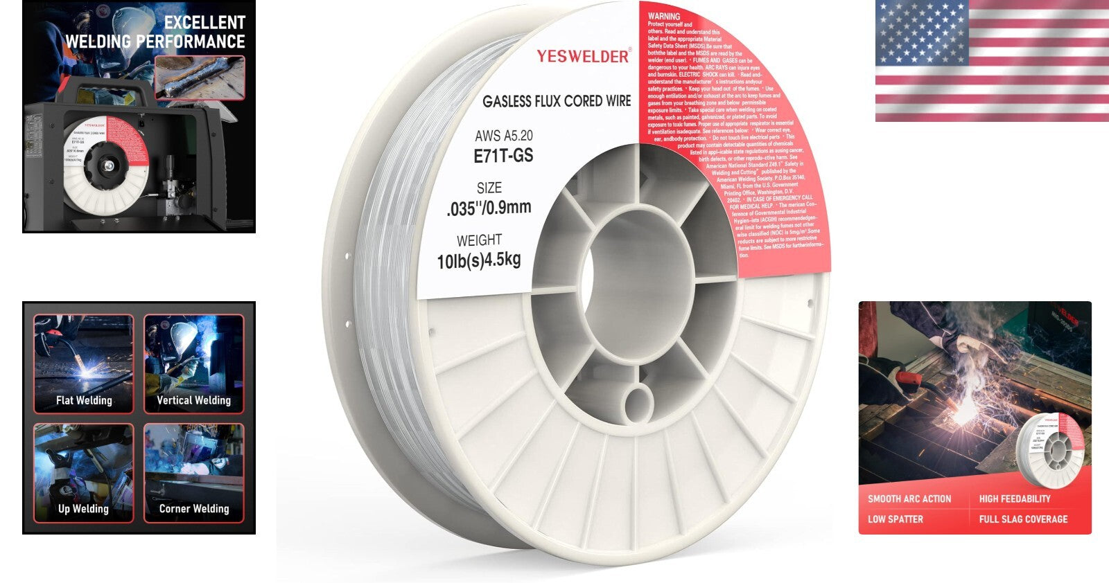 E71TGS .035'' Flux Core Mild Steel MIG Wire - 10 lb Durable Spool for Welders