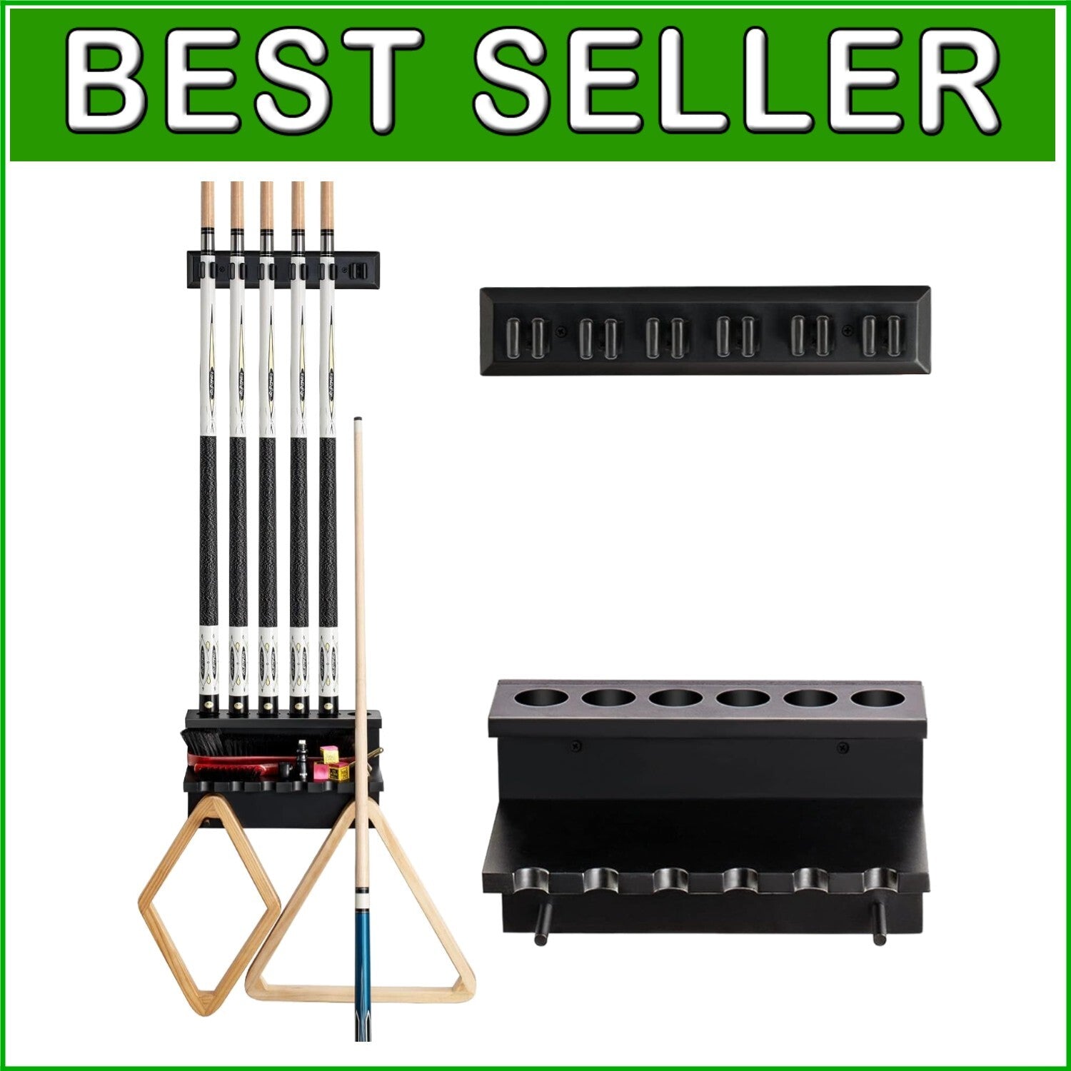 Classic Oak Pool Cue Storage Rack - Holds 6 Cues & Billiard Accessories