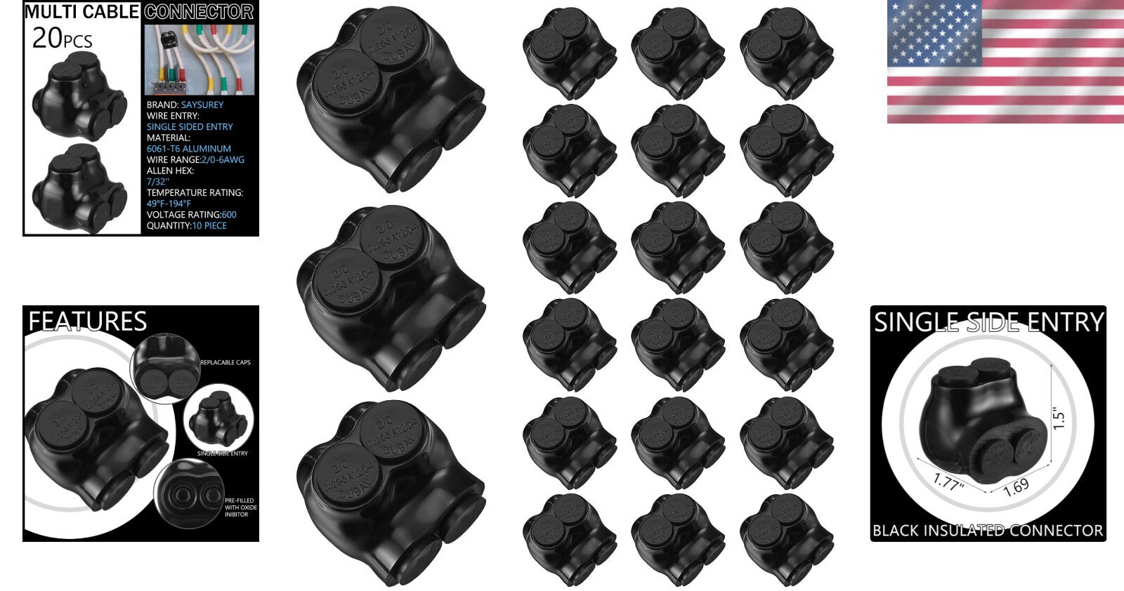 Black Insulated Multi Cable Connectors - Pre-Filled Splice Terminals for Wiring