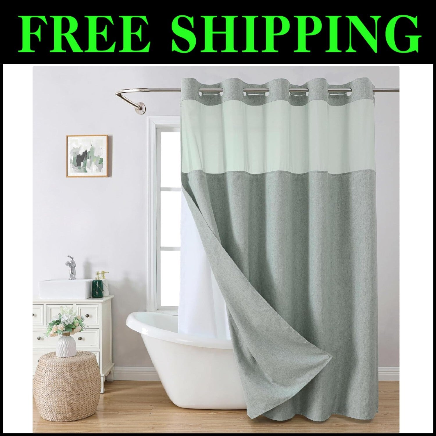 Luxurious Sage Green Shower Curtain with Linen Texture & Snap-In Liner 71x80