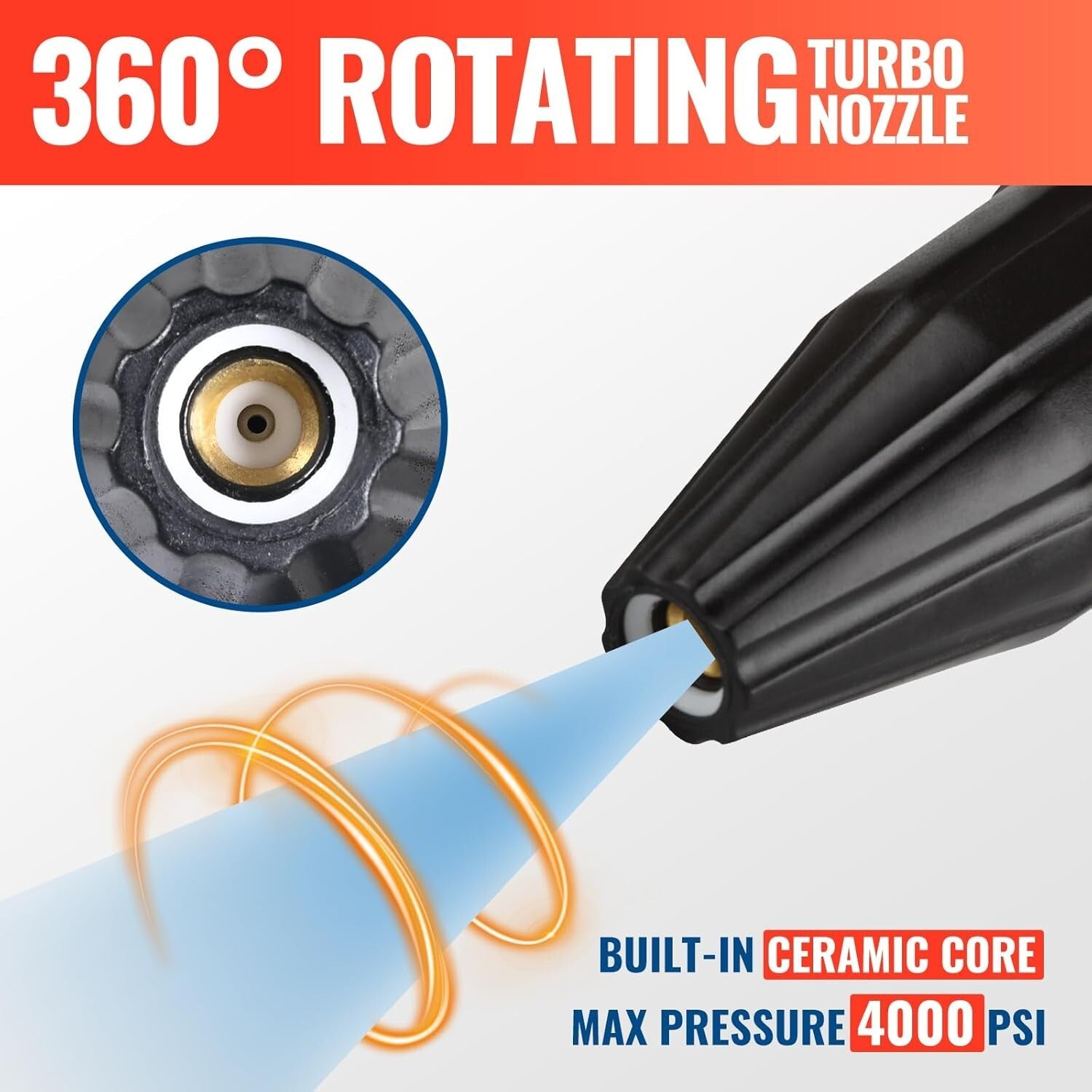Turbo Nozzle 4000 PSI Max - 360° Rotating Tips for Powerful Pressure Washing