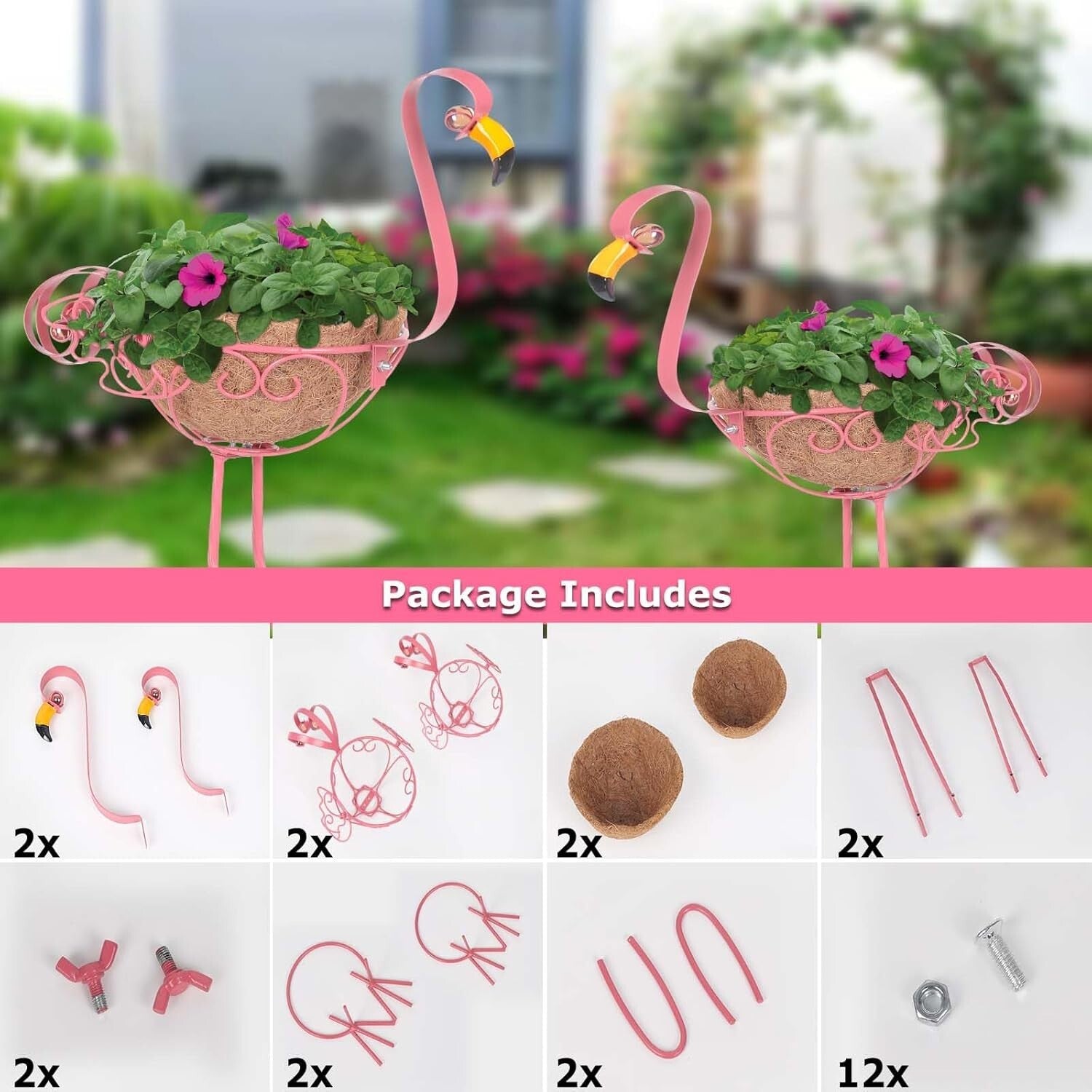 Adorable Pink Flamingo Planters - Set of 2 with Easy Assembly & Coconut Baskets