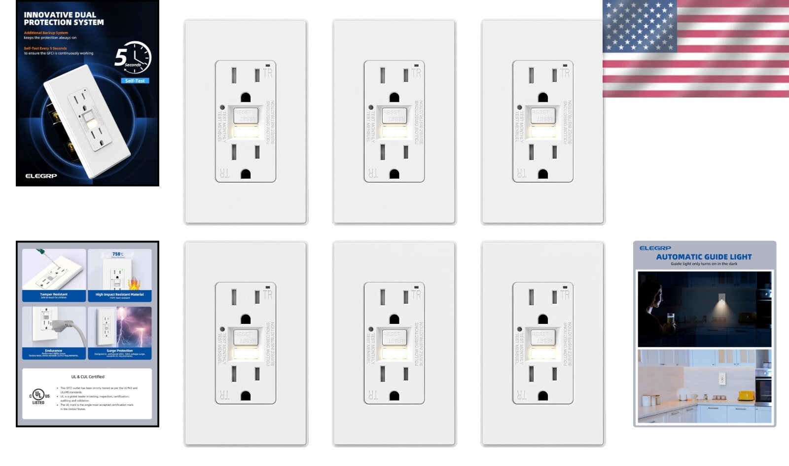 Enhanced Safety GFCI Receptacle with Nightlight - UL Certified, 15 Amp, 6 Pack