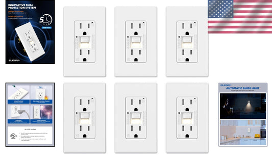 Enhanced Safety GFCI Receptacle with Nightlight - UL Certified, 15 Amp, 6 Pack