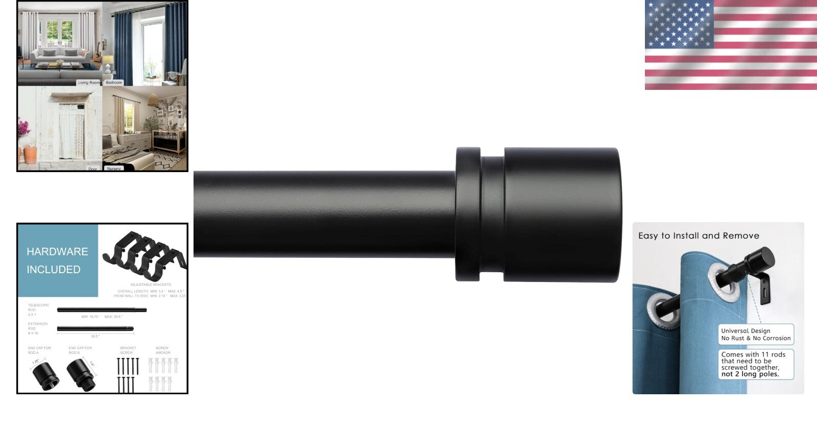 Adjustable Length Black Curtain Rod 16-170 Inches with Elegant Aluminium Finials