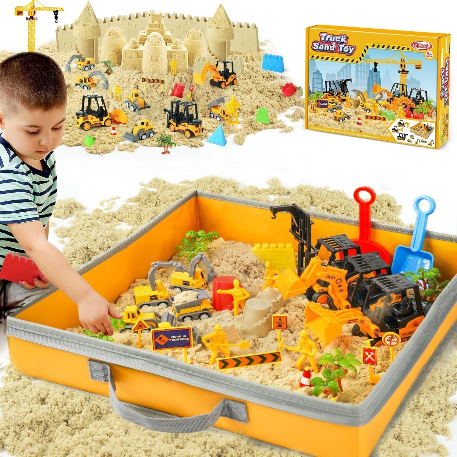 Large 36Pc Construction Sand Play Set with Trucks, Workers & Molding Accessories