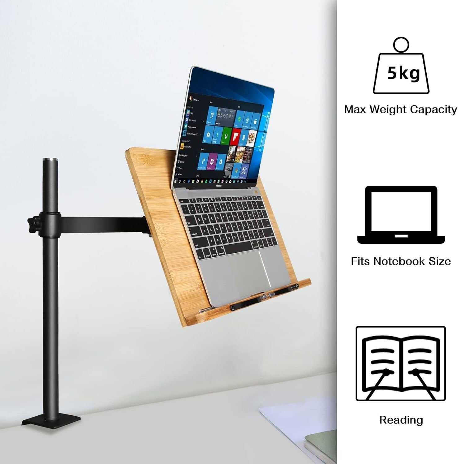 Ergonomic Desktop Book Holder - XL Bamboo Clamp Stand for Cooking and Study