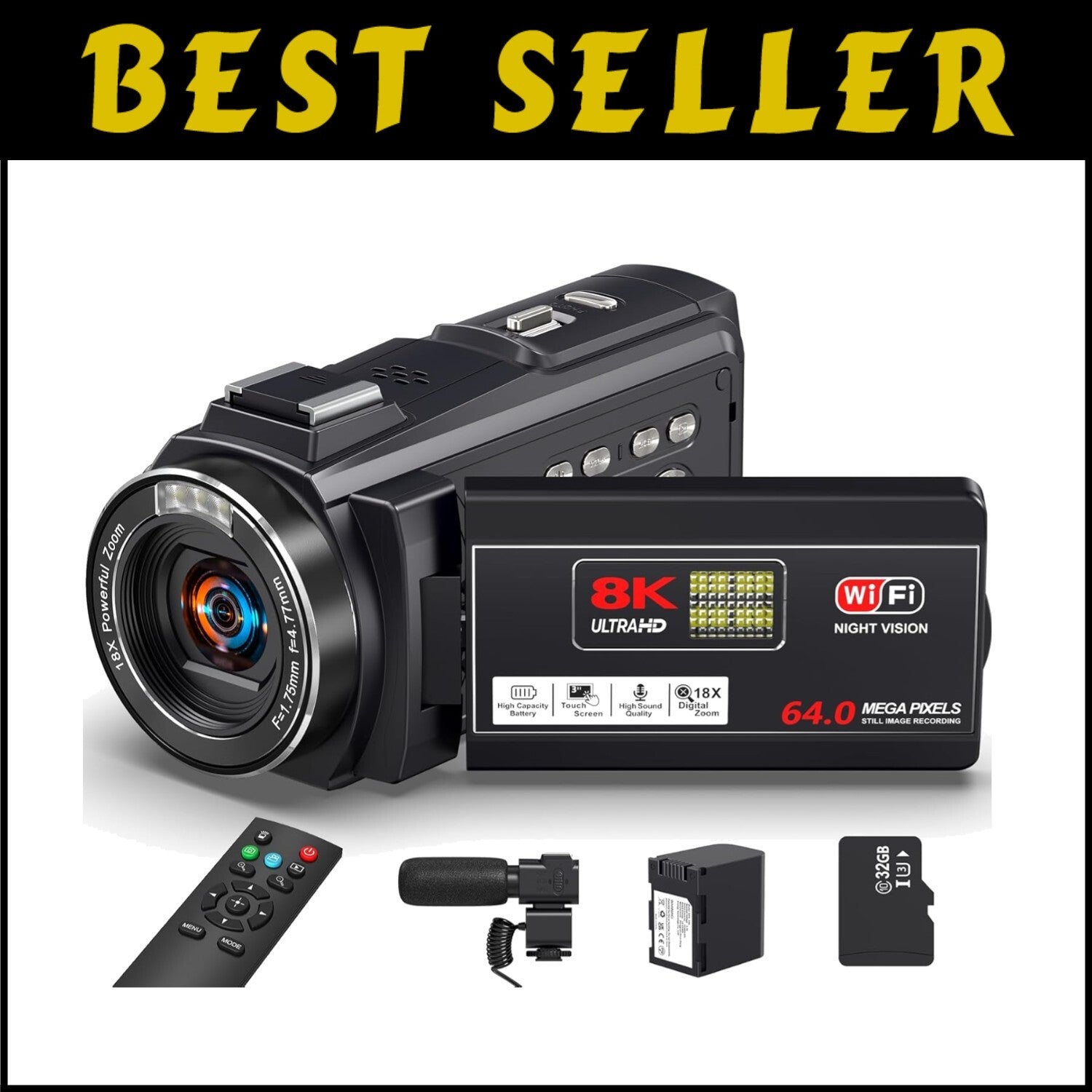 8K 64MP Vlogging Camera with 18X Zoom, IR Night Vision & WiFi Connectivity