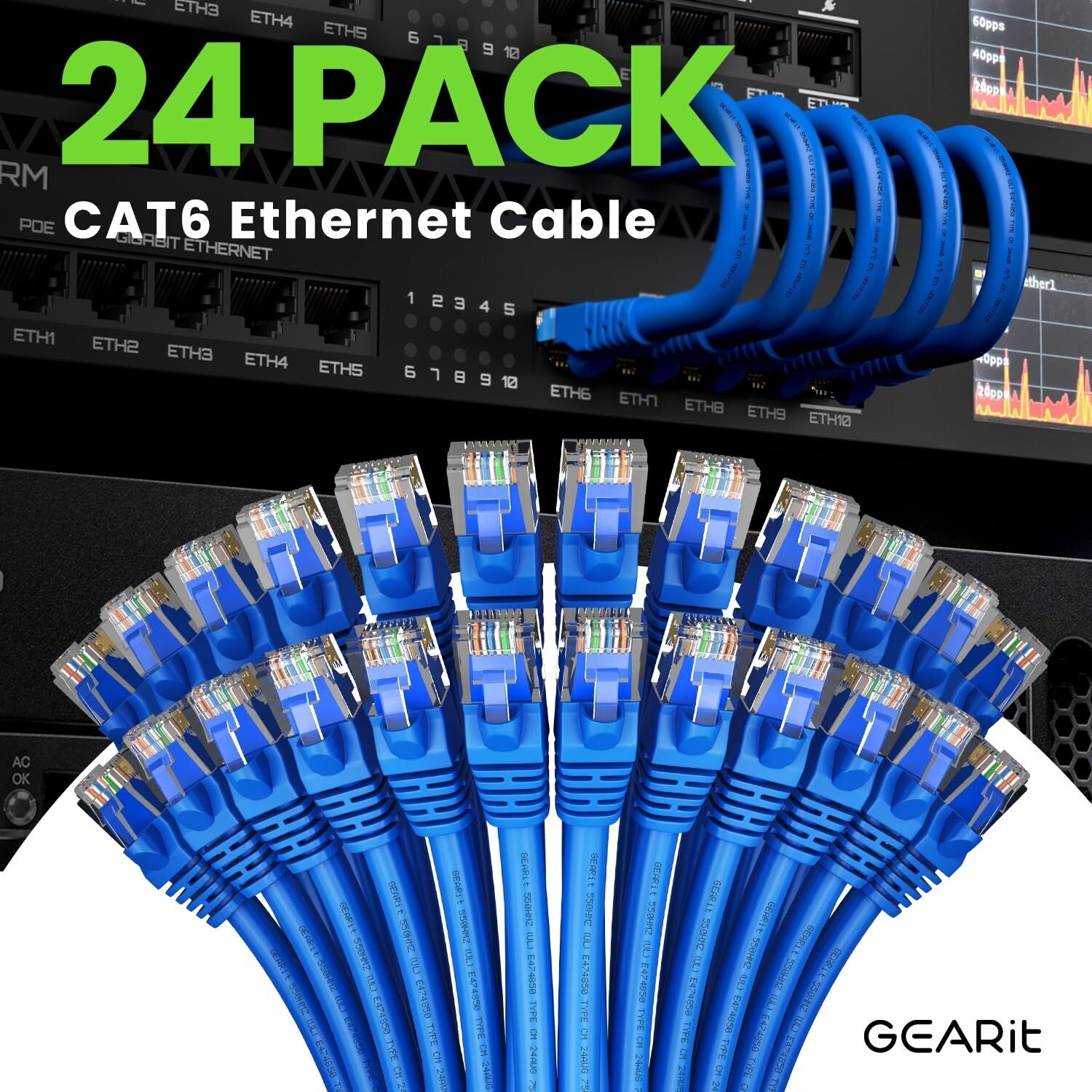 Durable 24-Pack Cat 6 Ethernet Patch Cords - 10 Feet, Snagless & ETL Verified