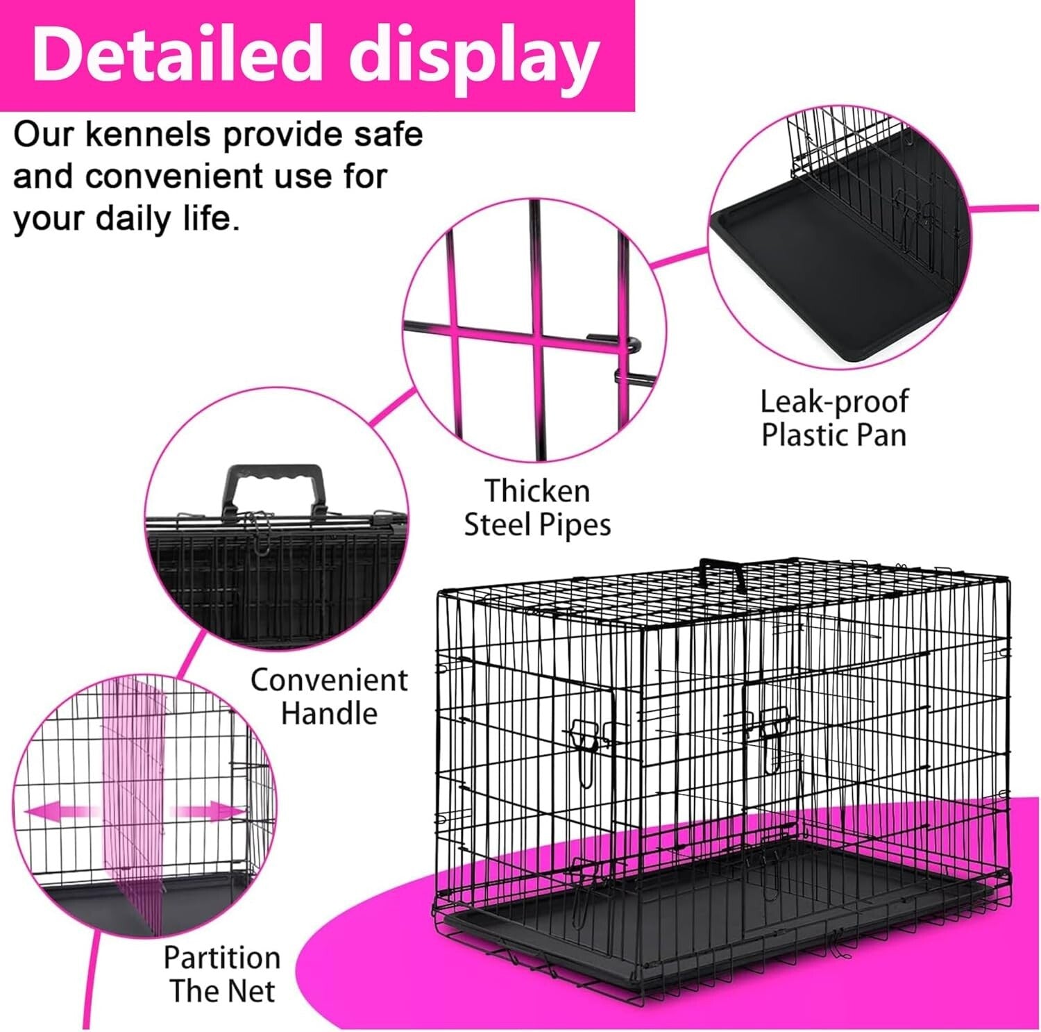 Durable 48-Inch Folding Dog Crate with Double Doors & Removable Tray for Pets