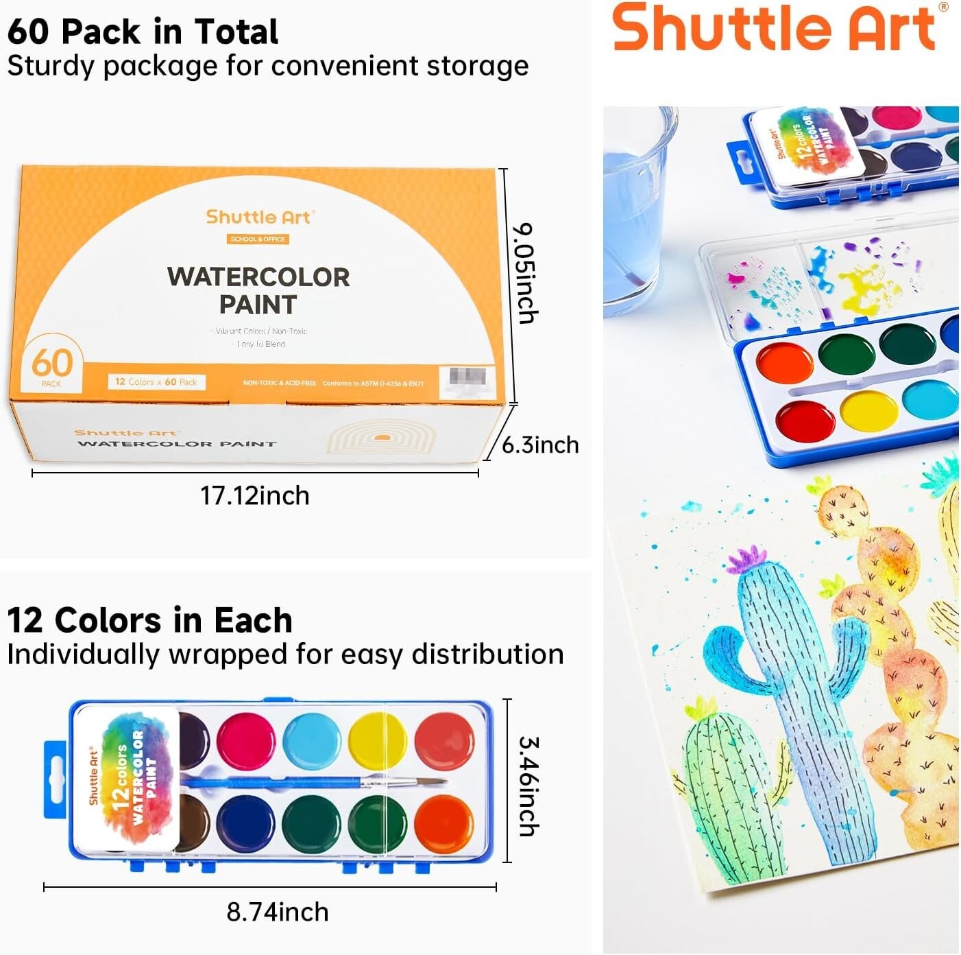 Economical 60 Pack Watercolor Paint Set with Brushes - Matte Finish & Reusable