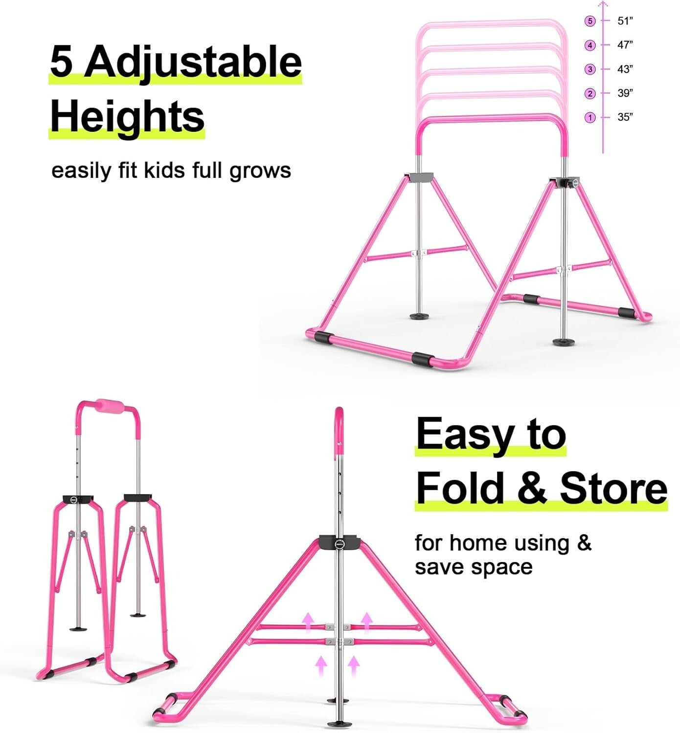 Foldable Kids Gymnastics Bar, Adjustable 35-51” with Safety Pad - Perfect Gift
