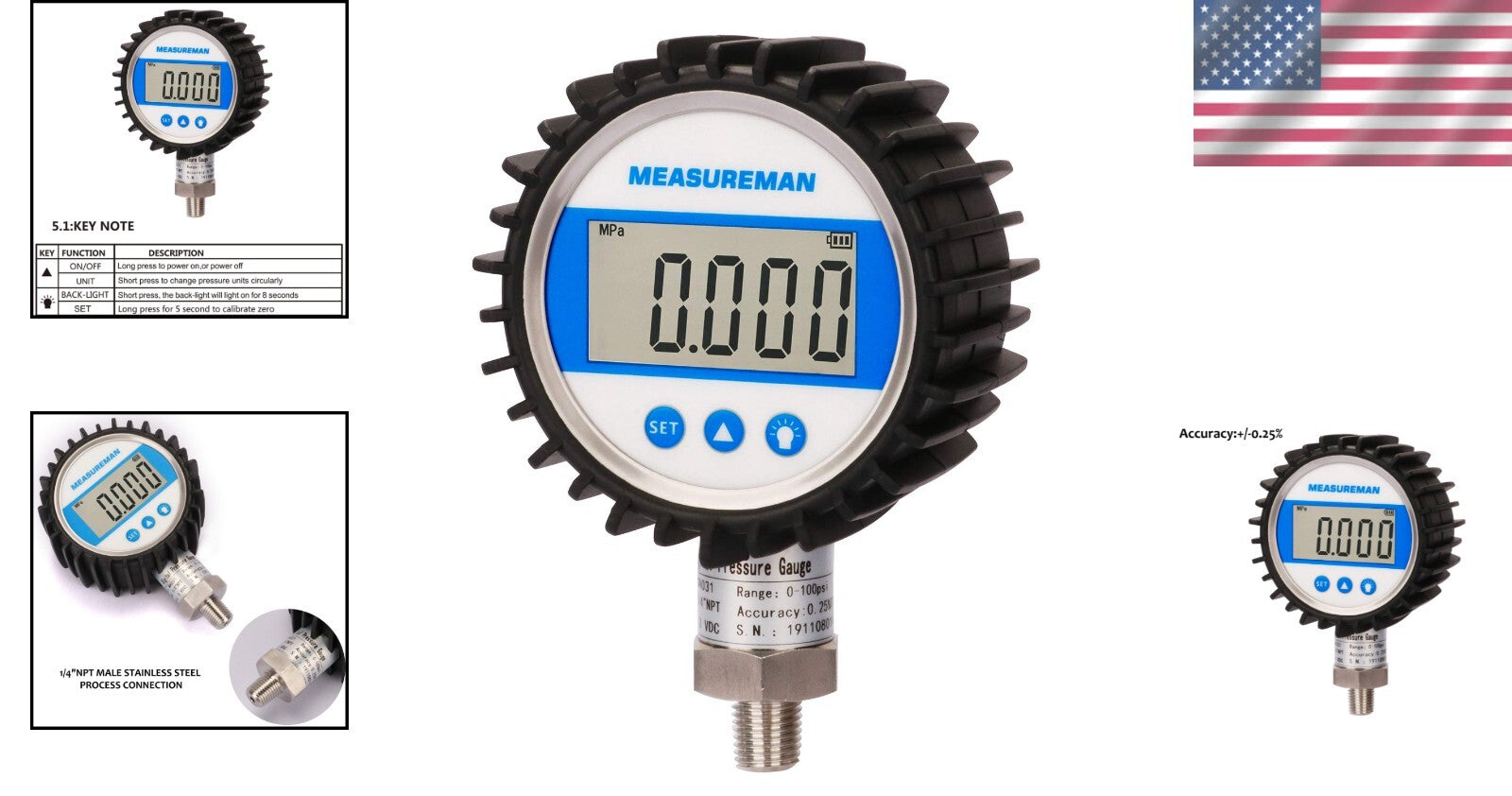 Compact and Reliable 3-1/8" Digital Pressure Gauge - Water, Air, Oil Measurement