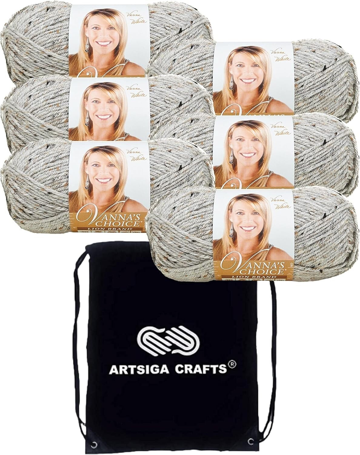 6 Skeins Vanna's Choice Grey Marble Yarn with Matching Project Bag for Crafters