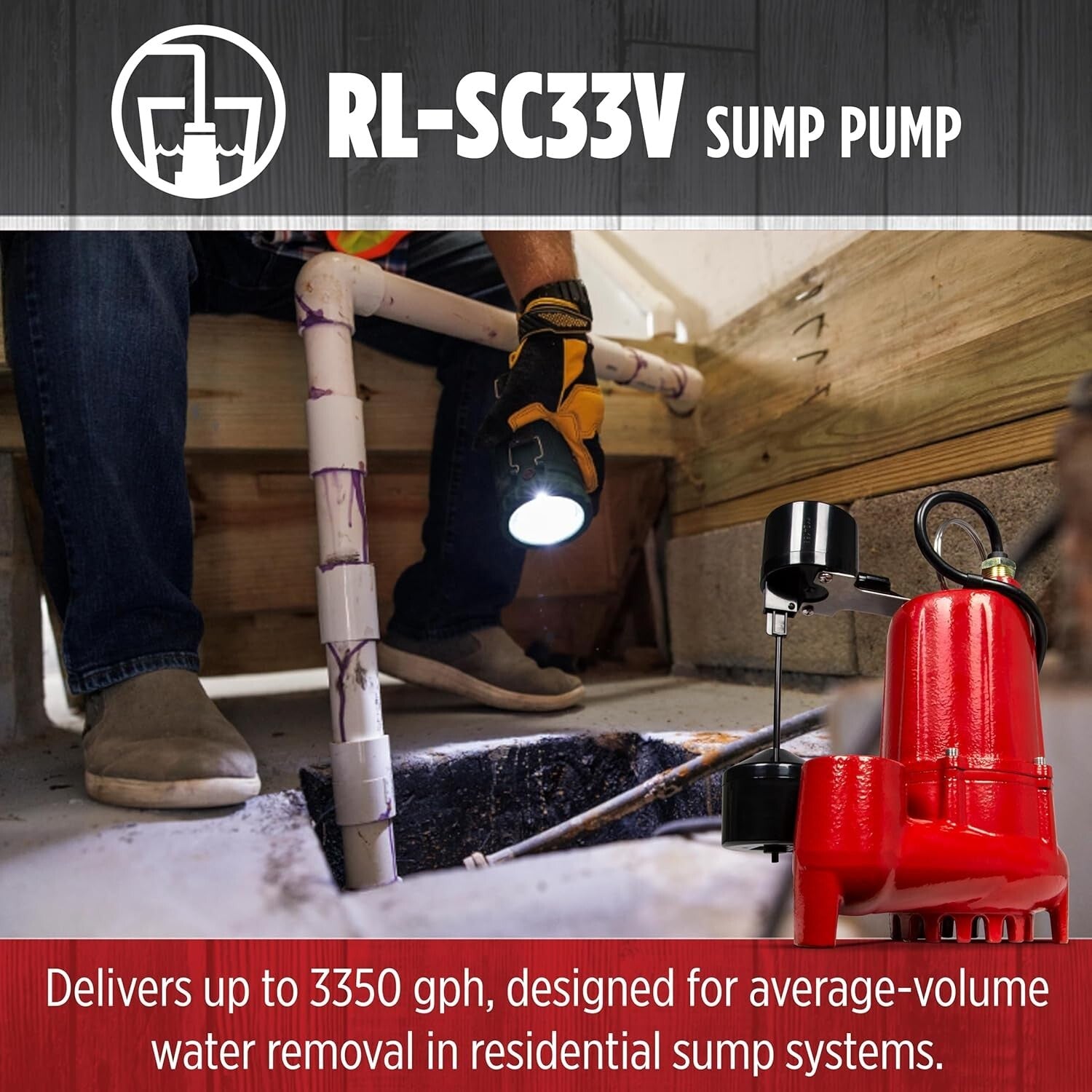 Automatic Red Sump Pump - 1/3 HP, 25-Ft Lift with 10-Ft Cord for Flood Control