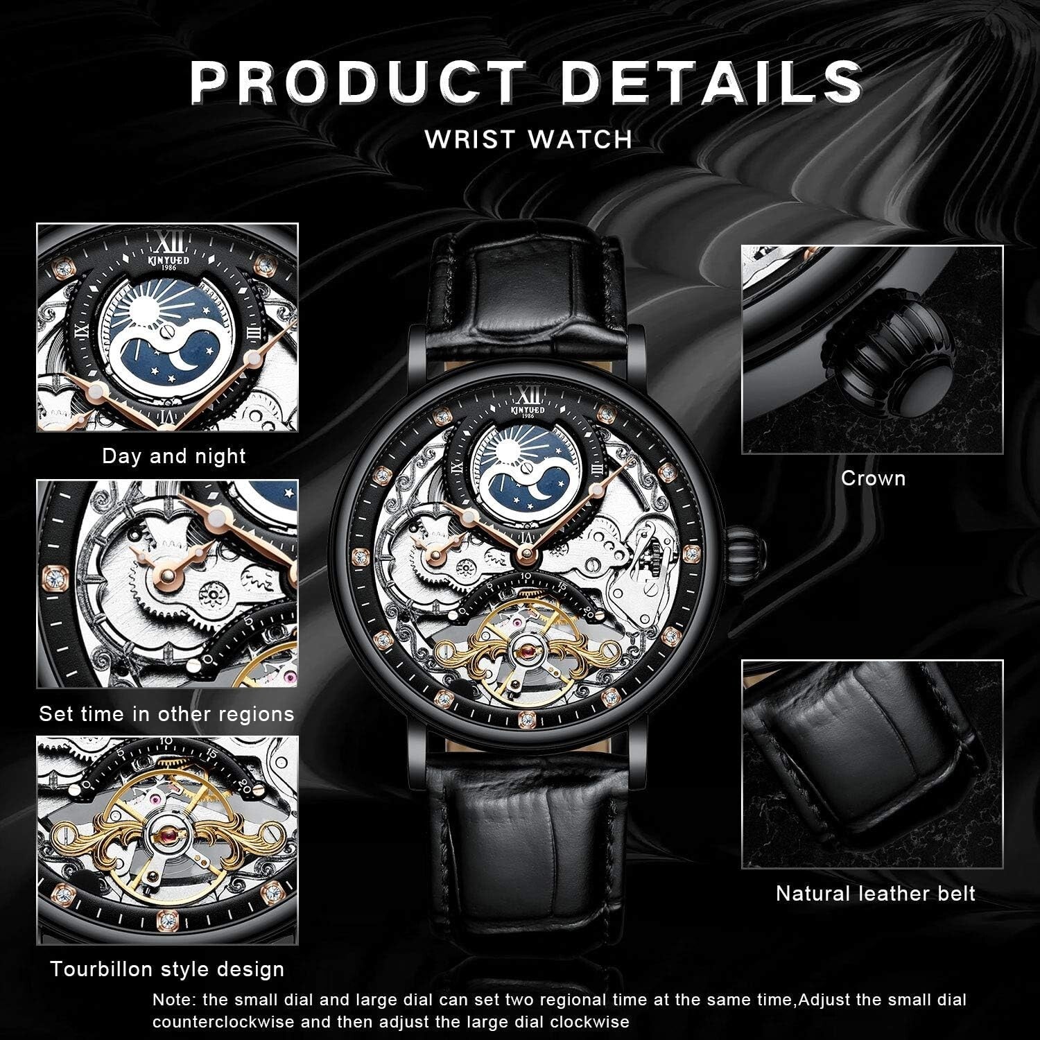 Men's Luxury Skeleton Automatic Watch with Luminous Hands & Moon Phase – Elegant