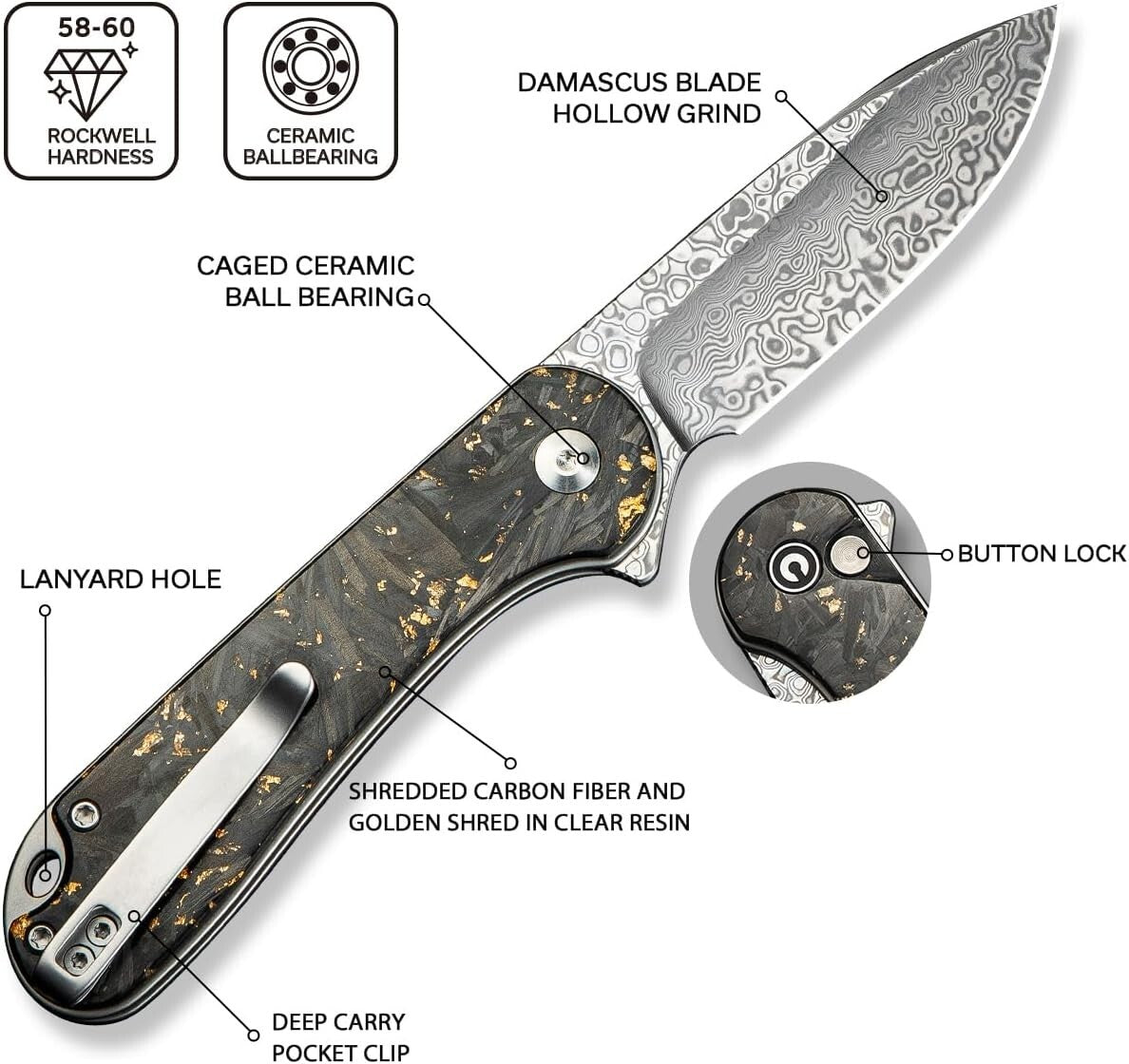 Elegant 2.96" Damascus Blade Knife with Deep Carry Clip for EDC Enthusiasts