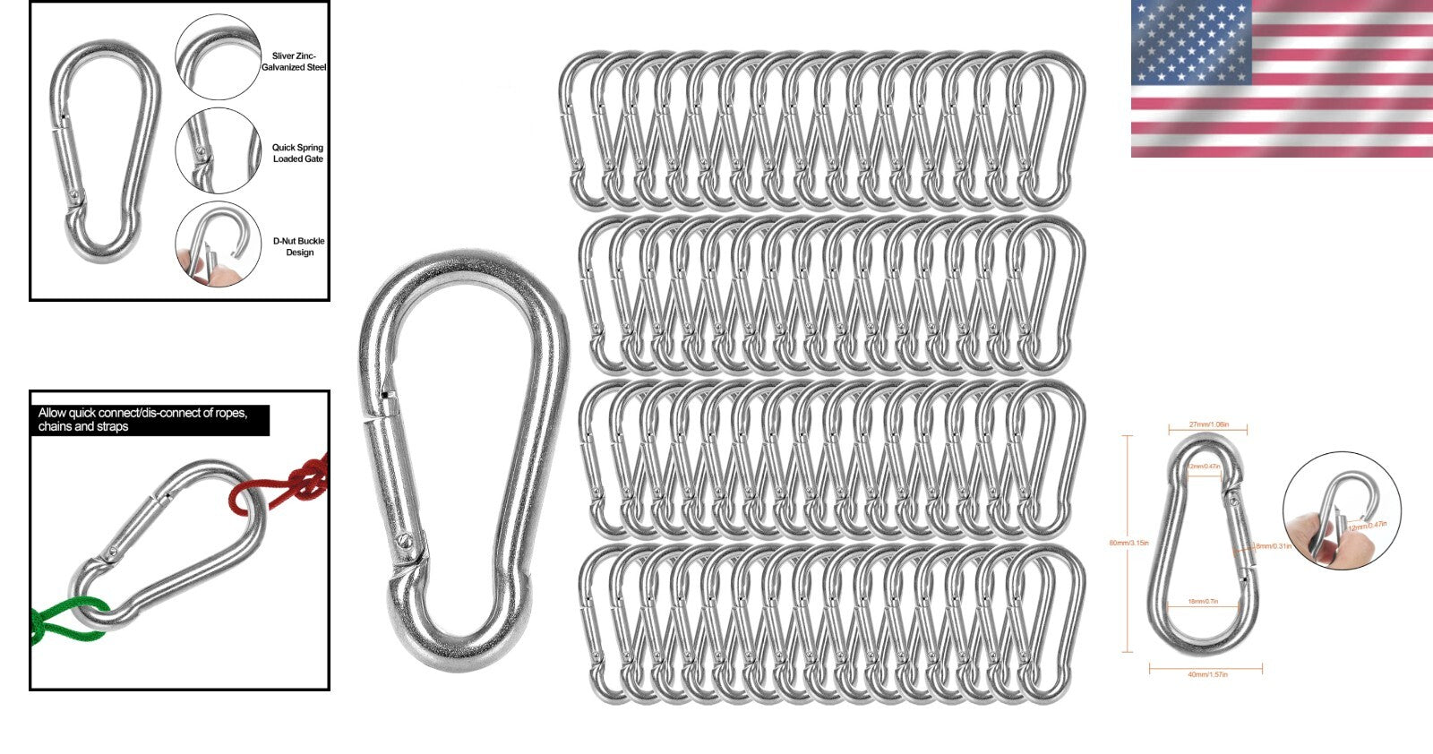60-Pack Heavy-Duty Galvanized Steel Carabiner Clips, 500Lbs Capacity – M8 Hook