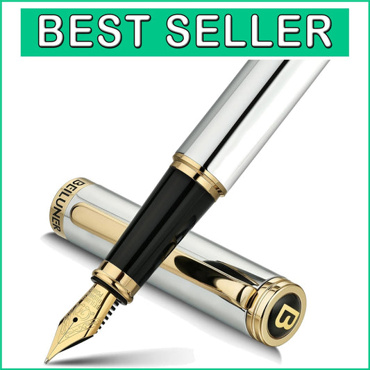 Elegant Silver Chrome Fountain Pen with Gilded Nib - Complete Set Included