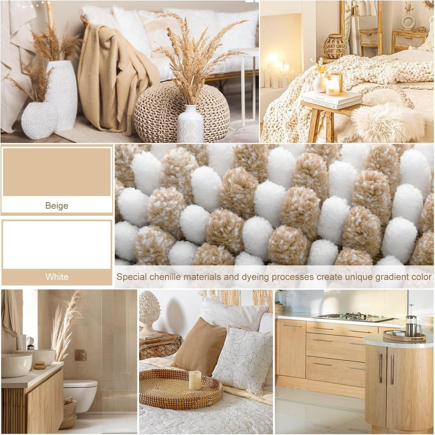 Thick Chenille Bath Mat Set in Beige - Non-Slip & Quick-Drying (20" x 60")