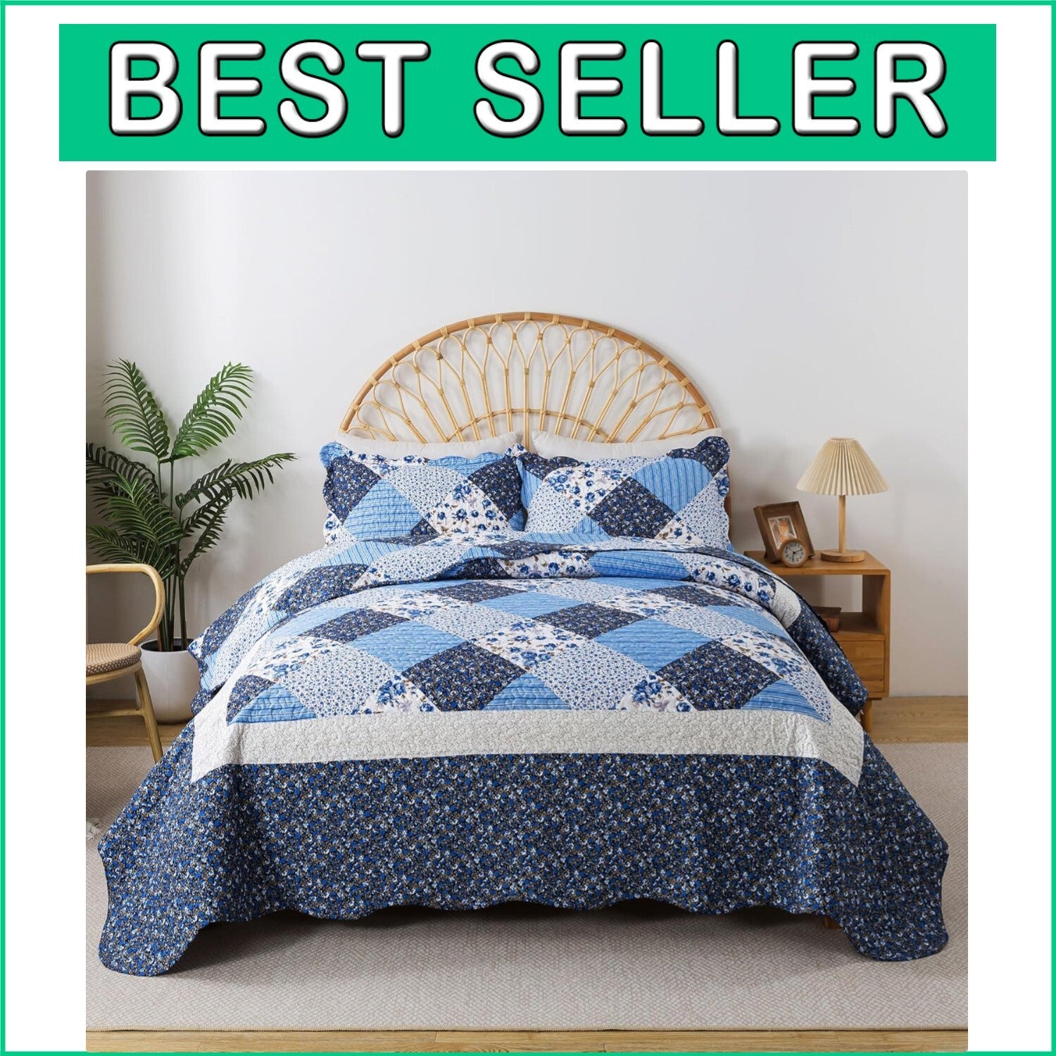 California King Quilt Set - 120x120 Blue Rustic Floral Bedspread & 2 Pillowcases