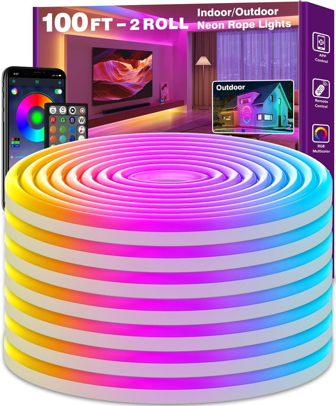 Eco-Friendly 100FT RGB Neon Lights - App & Remote Control with Music Sync