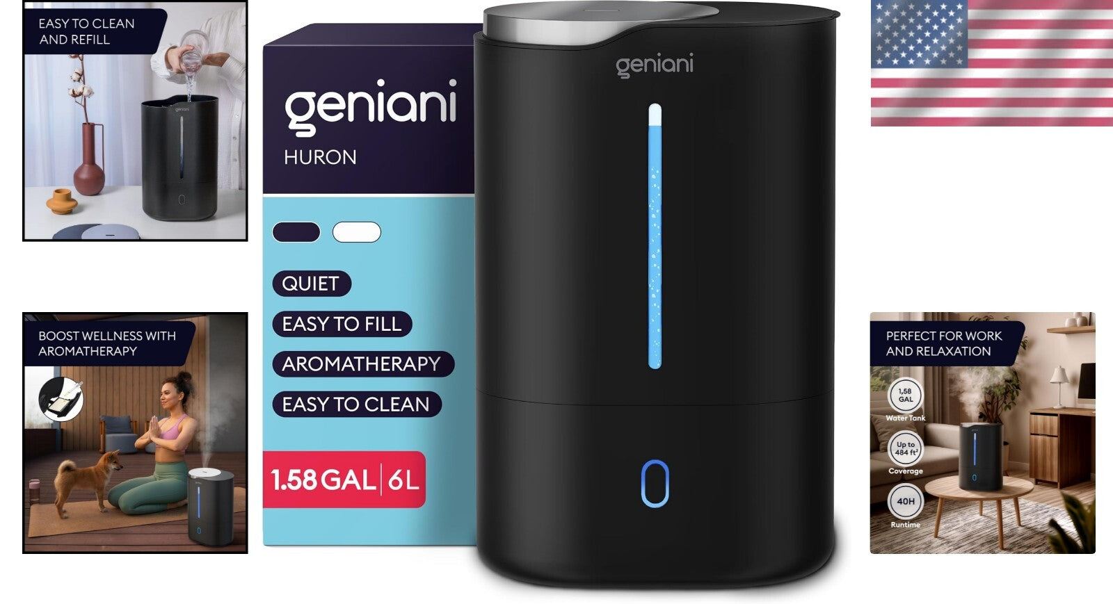 6L Top Fill Humidifier & Essential Oil Diffuser – Black Ultrasonic Quiet Mist