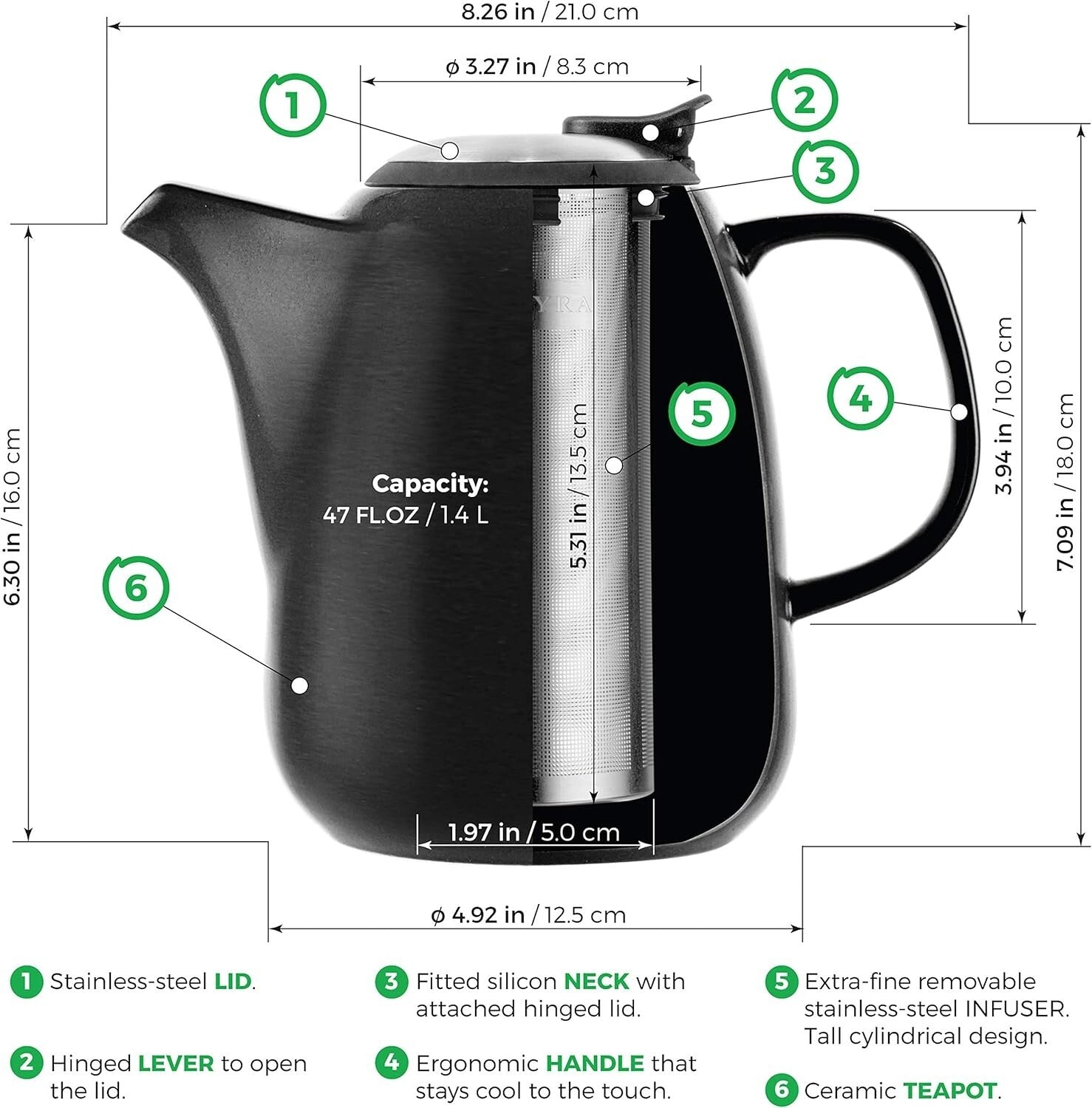 47oz Daze Ceramic Teapot with Infuser - Stylish Black Design for Tea Lovers