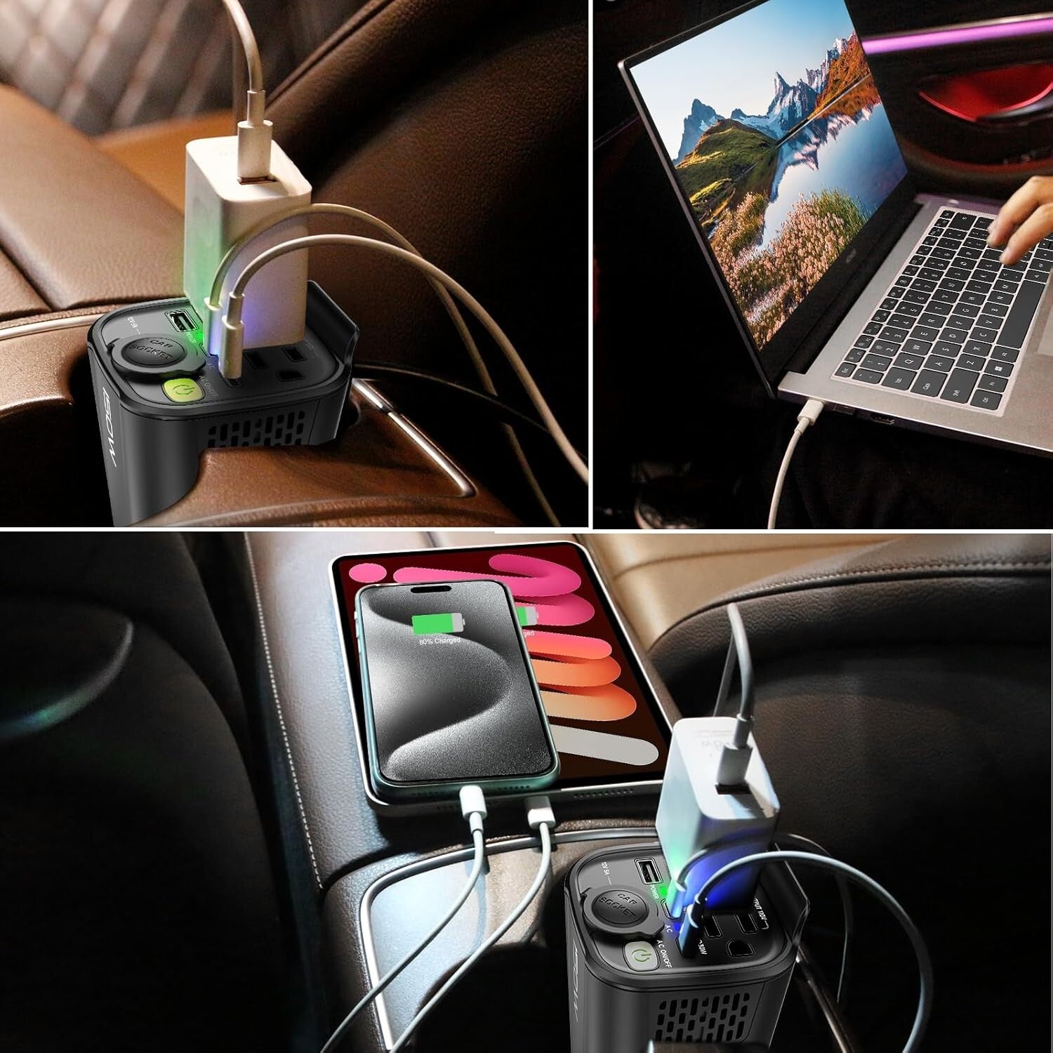 150W Car Power Inverter with Dual AC Outlets and USB Ports - Cup Holder Design