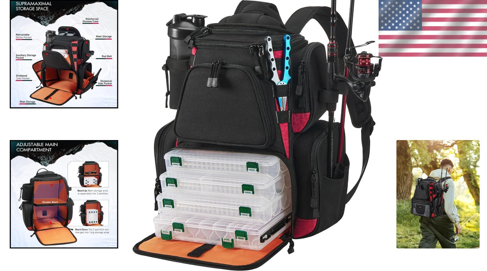 Fishing Tackle Backpack with Ergonomic Design & Hard Sunglasses Case for Safety