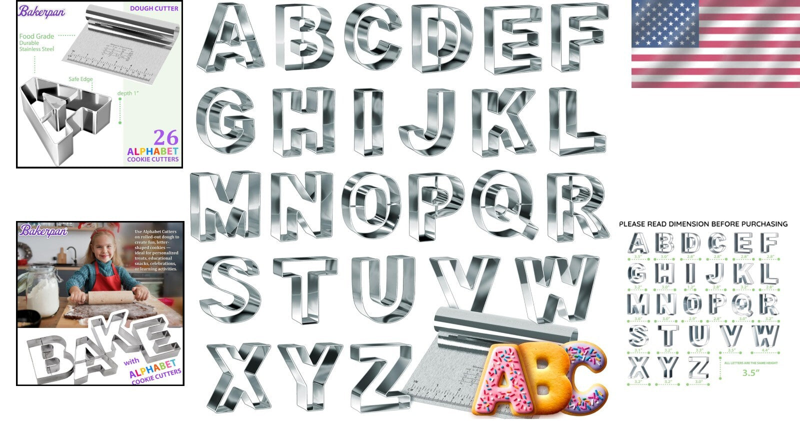 Polished Stainless Steel 3.5" Alphabet Cookie Cutters - 26 Piece Set for Bakers