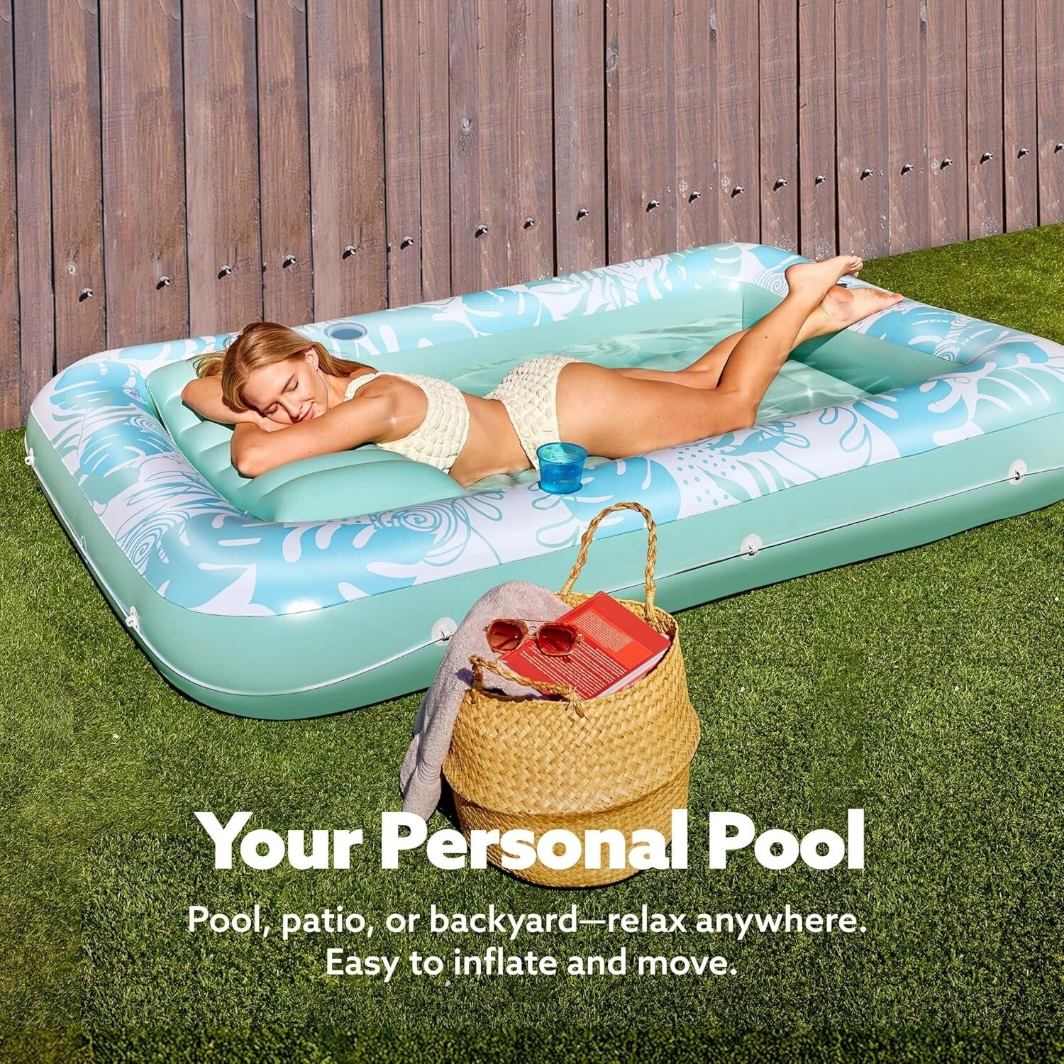 Cyan White Jumbo Inflatable Pool Lounger with Removable Pillow & Drink Holders