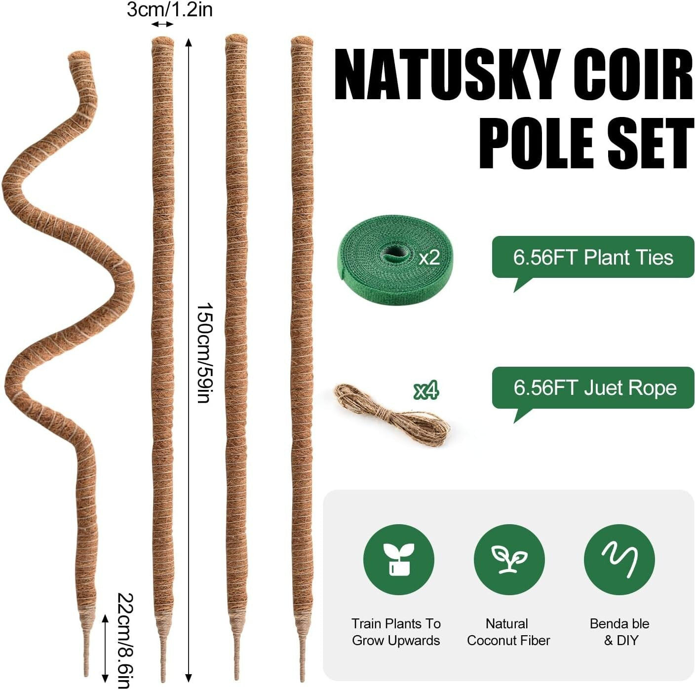4 Pack Natural Coco Coir Moss Poles - Adjustable Plant Support for Indoor Growth