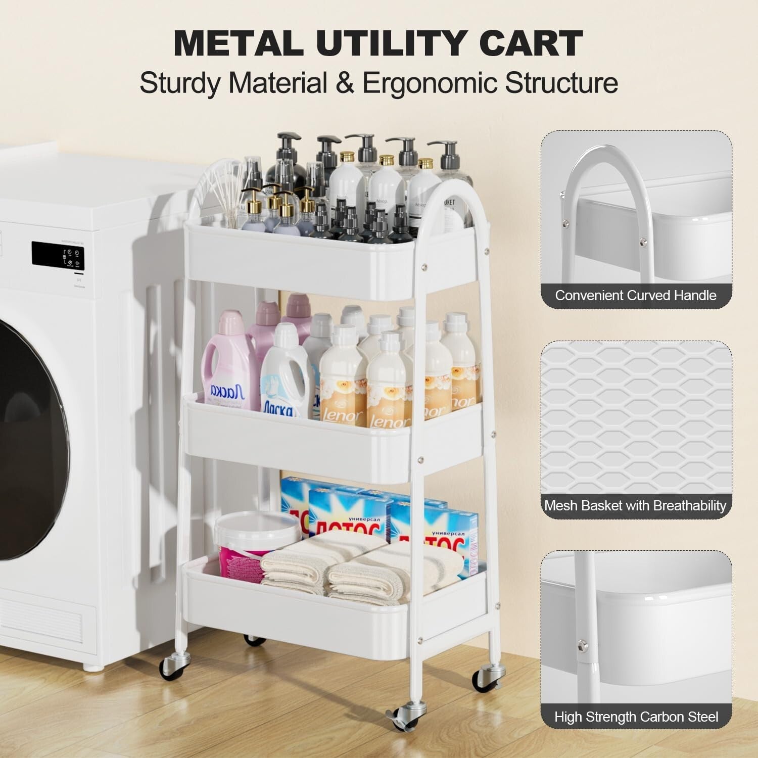 3 Tier Rolling Storage Cart - Lockable Wheels & Sturdy Metal Design in White