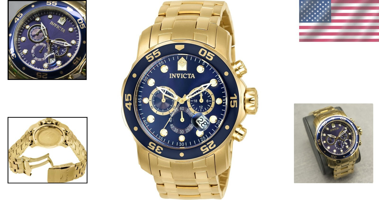 200m Water Resistant Diver's Chronograph Watch with Blue Dial & Gold Tone Band